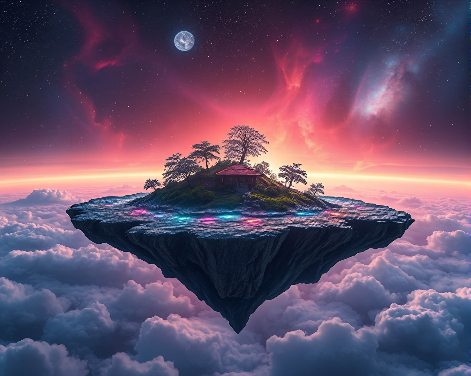 Floating Island Hatching in Cosmic Nebula Hues – free AI stock image