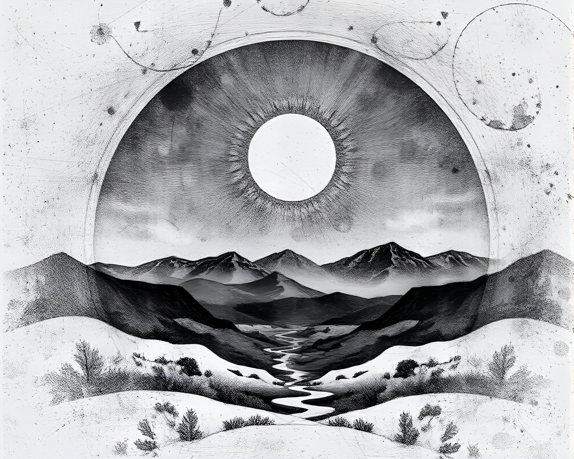 Sacred Geometry Landscape Etching with Scratch Textures – free AI stock image