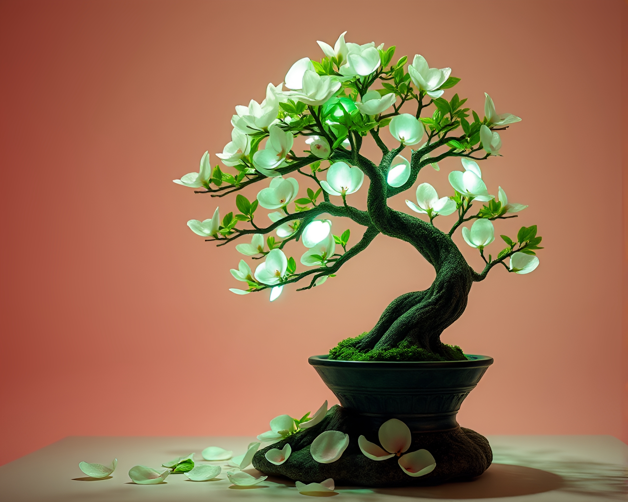 Bonsai Tree Glow with Phosphorescent Flower Petals – free AI stock image