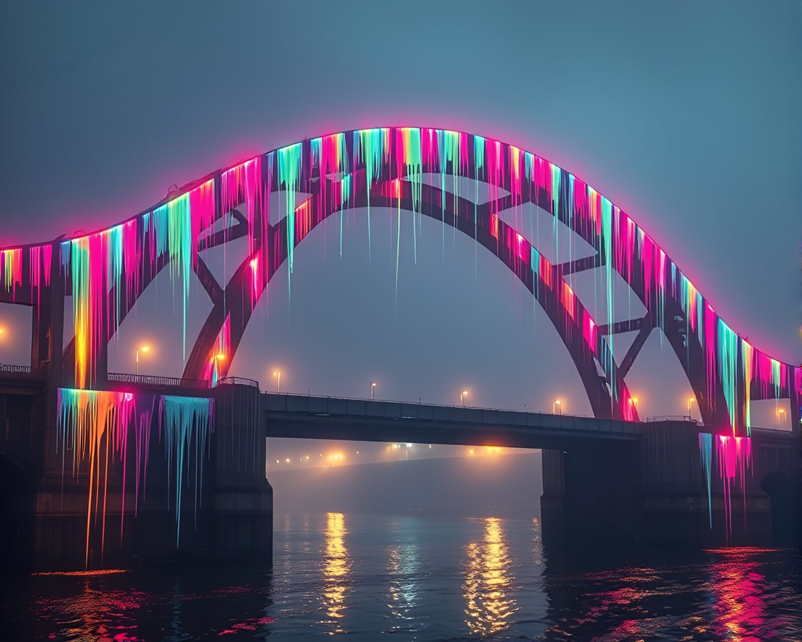 Photorealistic image of bridge glowing under spray paint drips