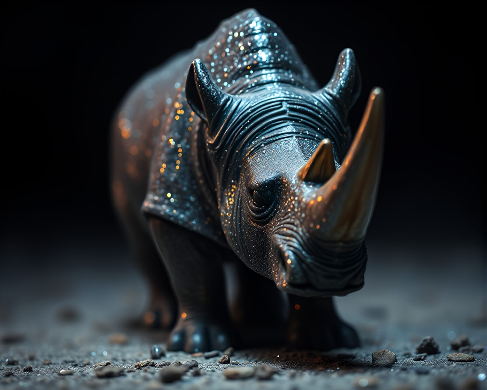 Shallow depth of field image of a rhinoceros with metallic flake sparkle under dramatic light and shadow contrast