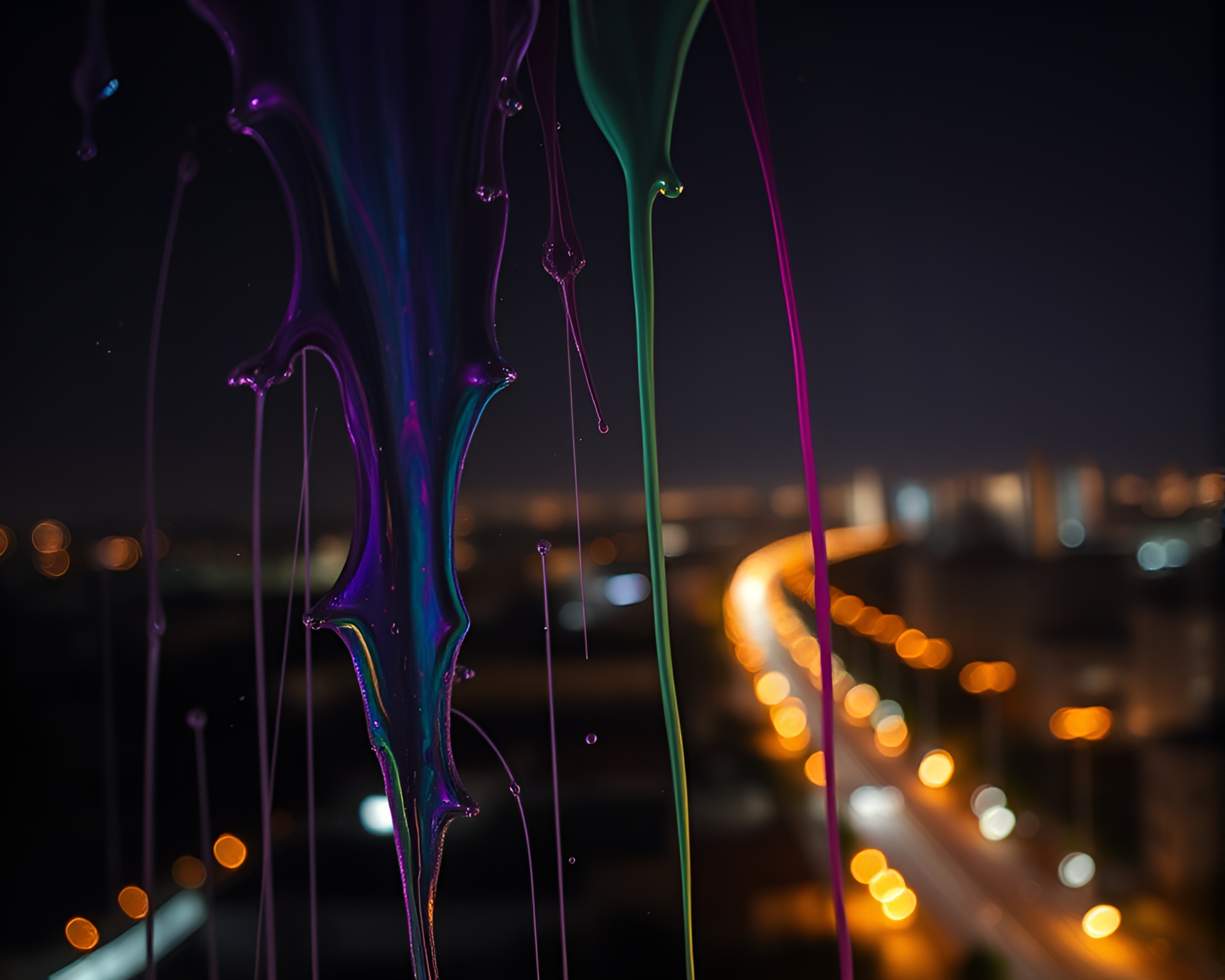 Astral City Lights: Macro Spray Paint Drips – free AI stock image