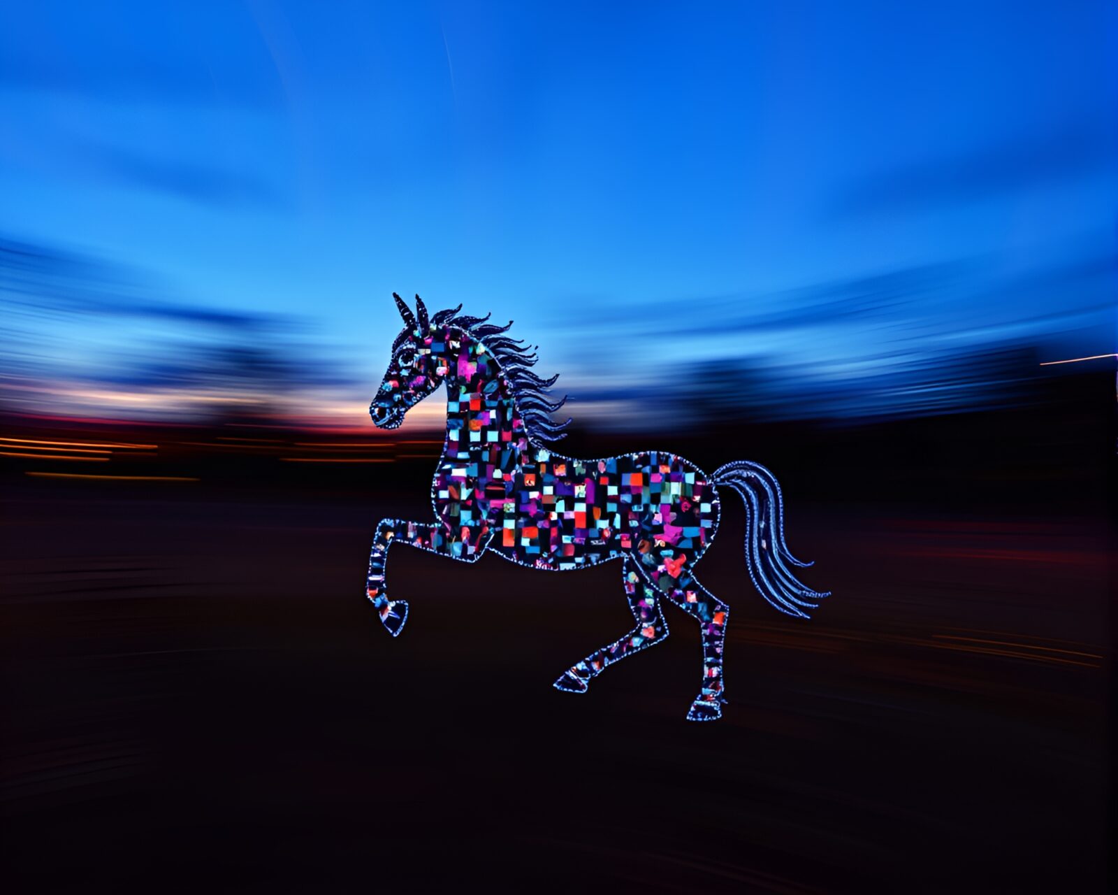 Fantastical centaur creature in twilight with motion blur streaks