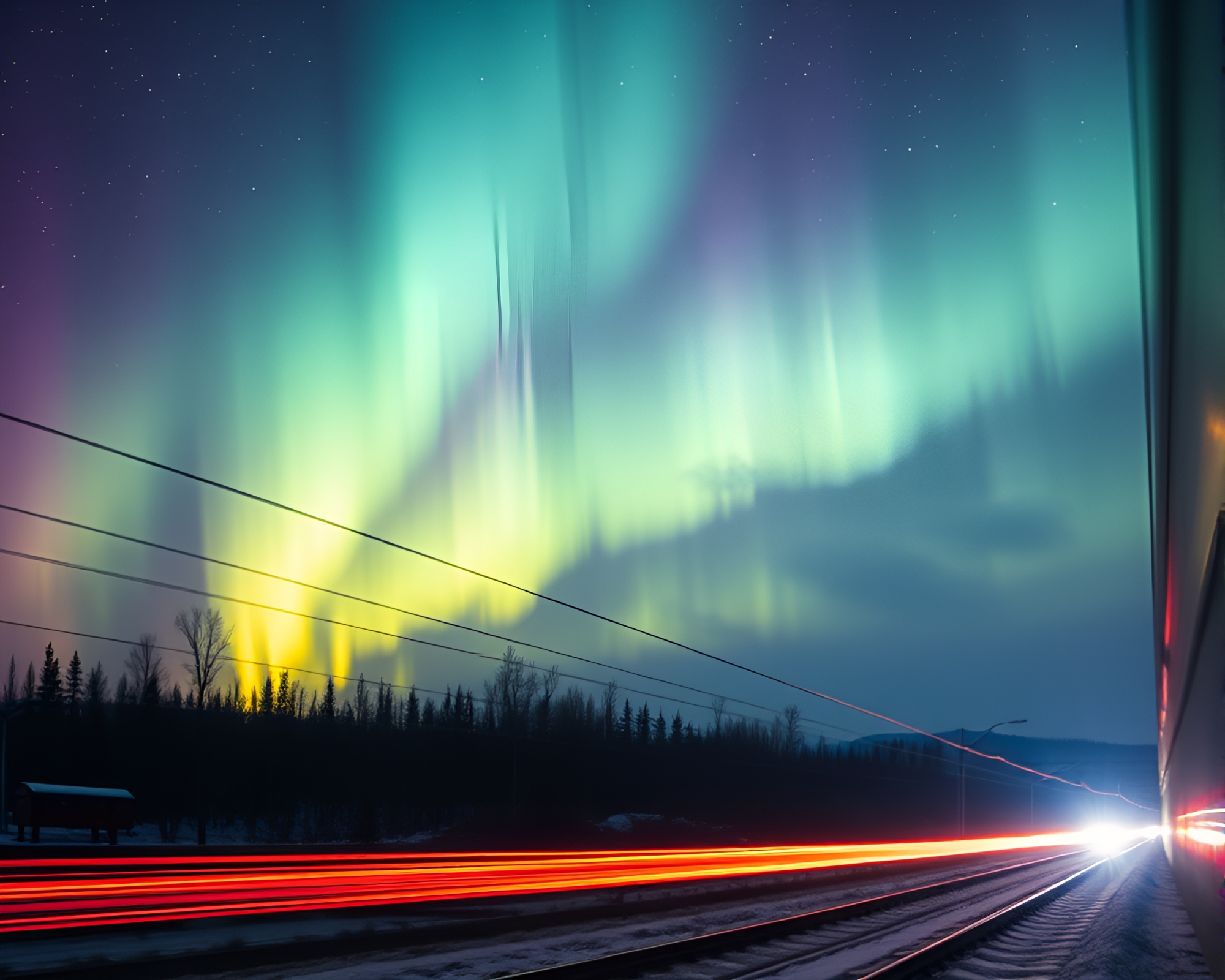 Fluorescent Northern Lights Train Light Trails – free AI stock image
