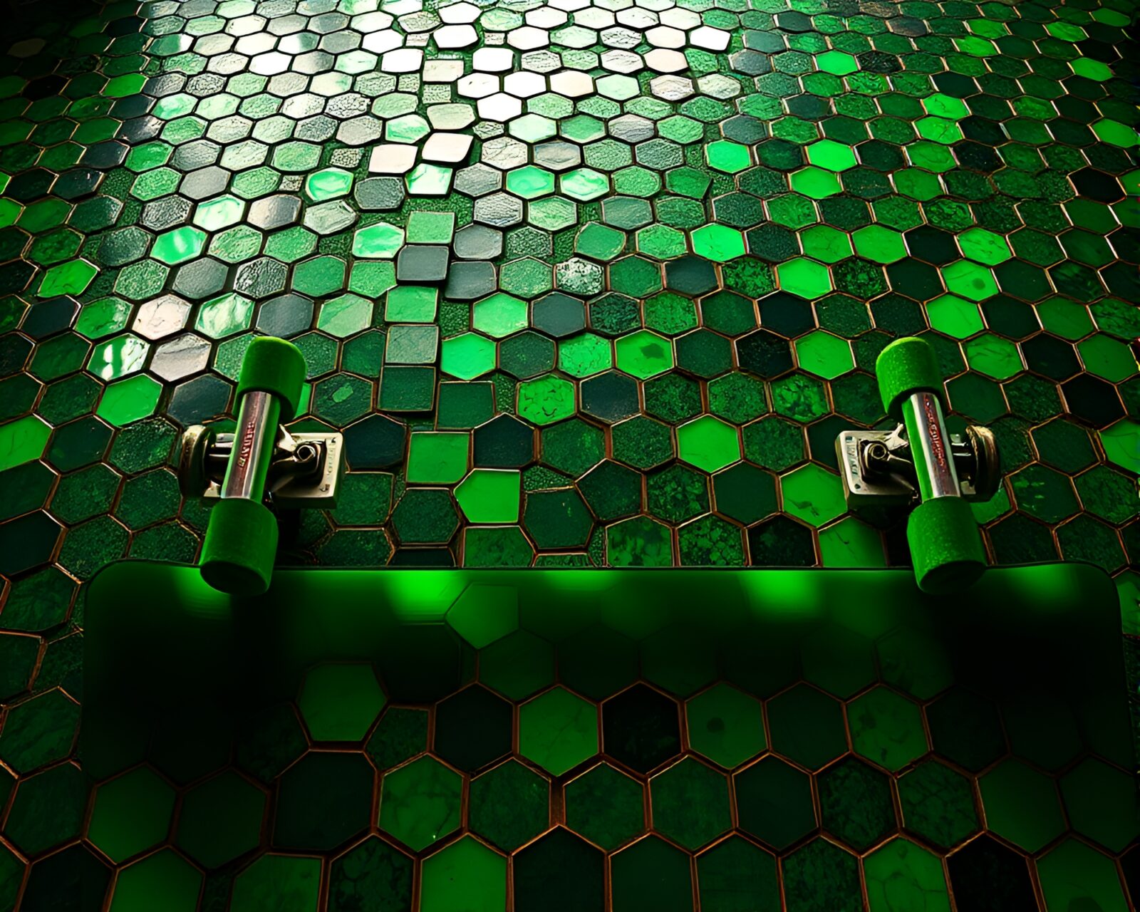 Wide-angle view of skateboarder navigating hexagonal emerald tiles