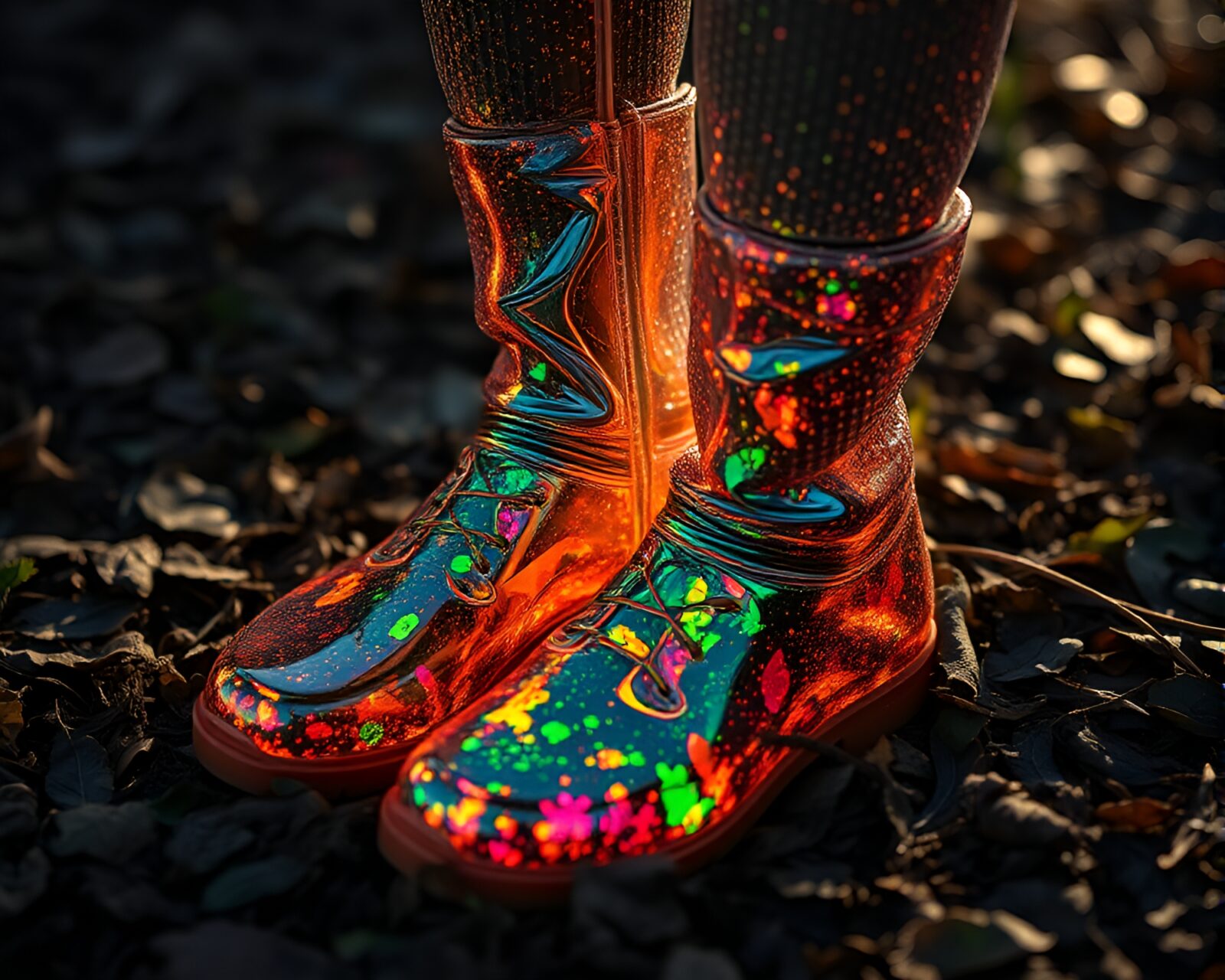 Fantastical scene of gravity boots shimmering in leaf litter