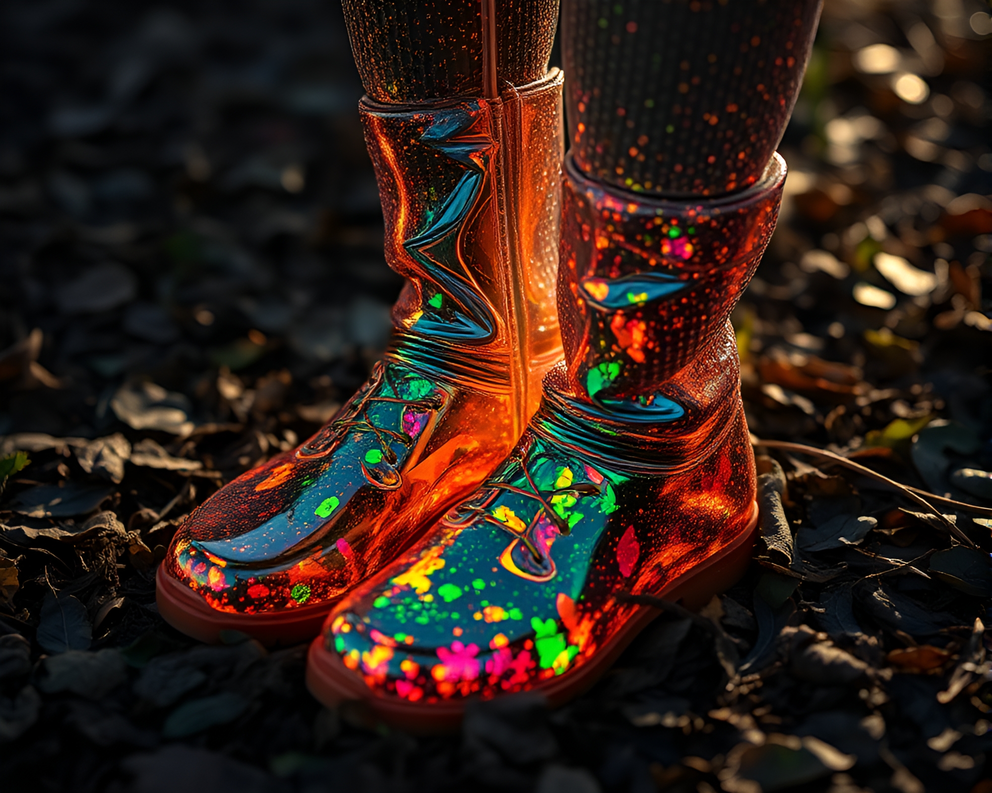 Iridescent Gravity Boots Amid Leaf Litter Visualization – free AI stock image