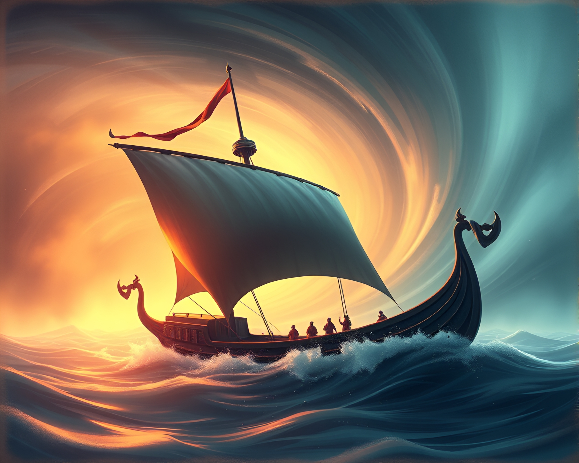 Viking Longship Engulfed in Hazy Vortex Twist – free AI stock image