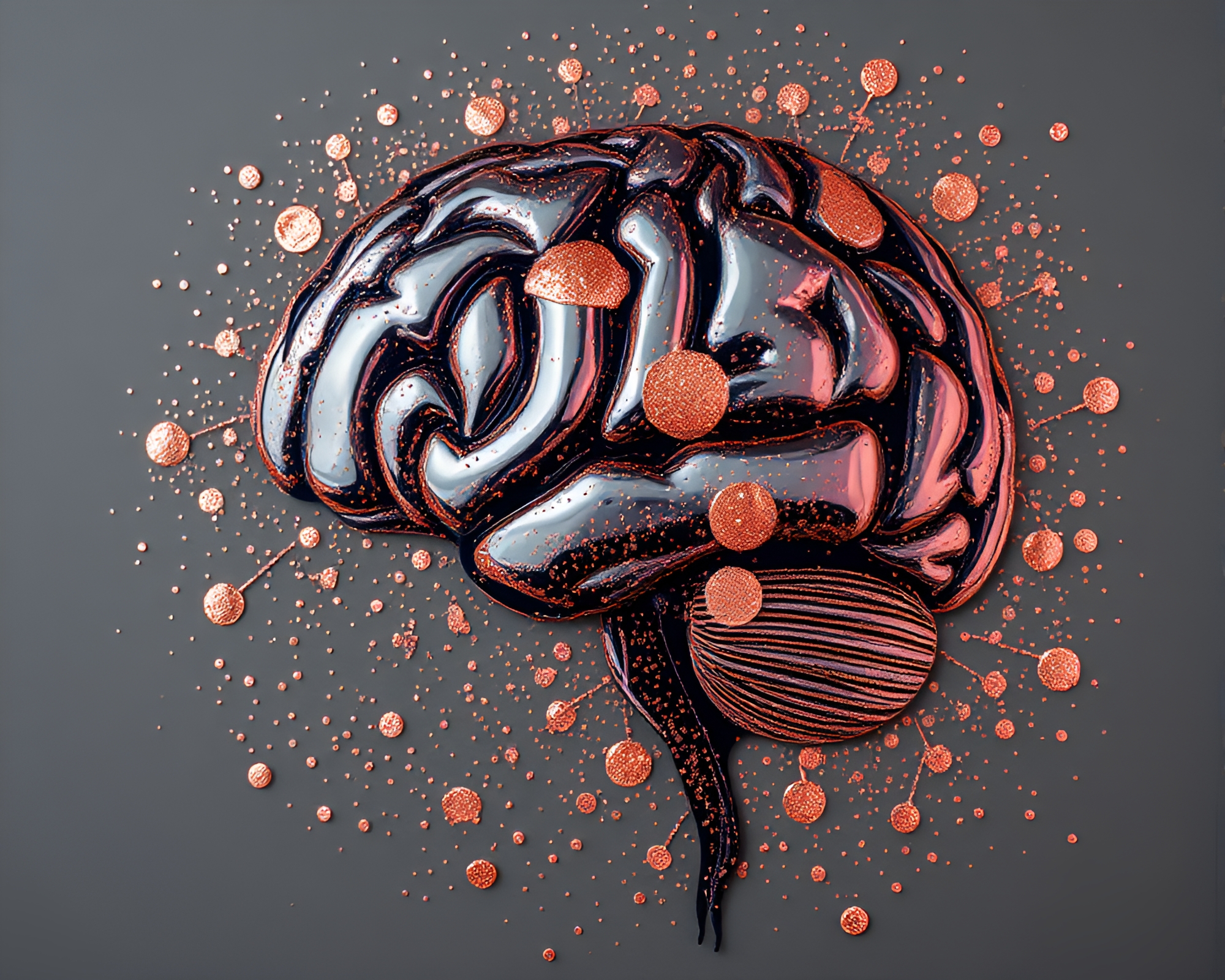 Maximalist AI Brain in Rose Gold Acrylic Spatters – free AI stock image