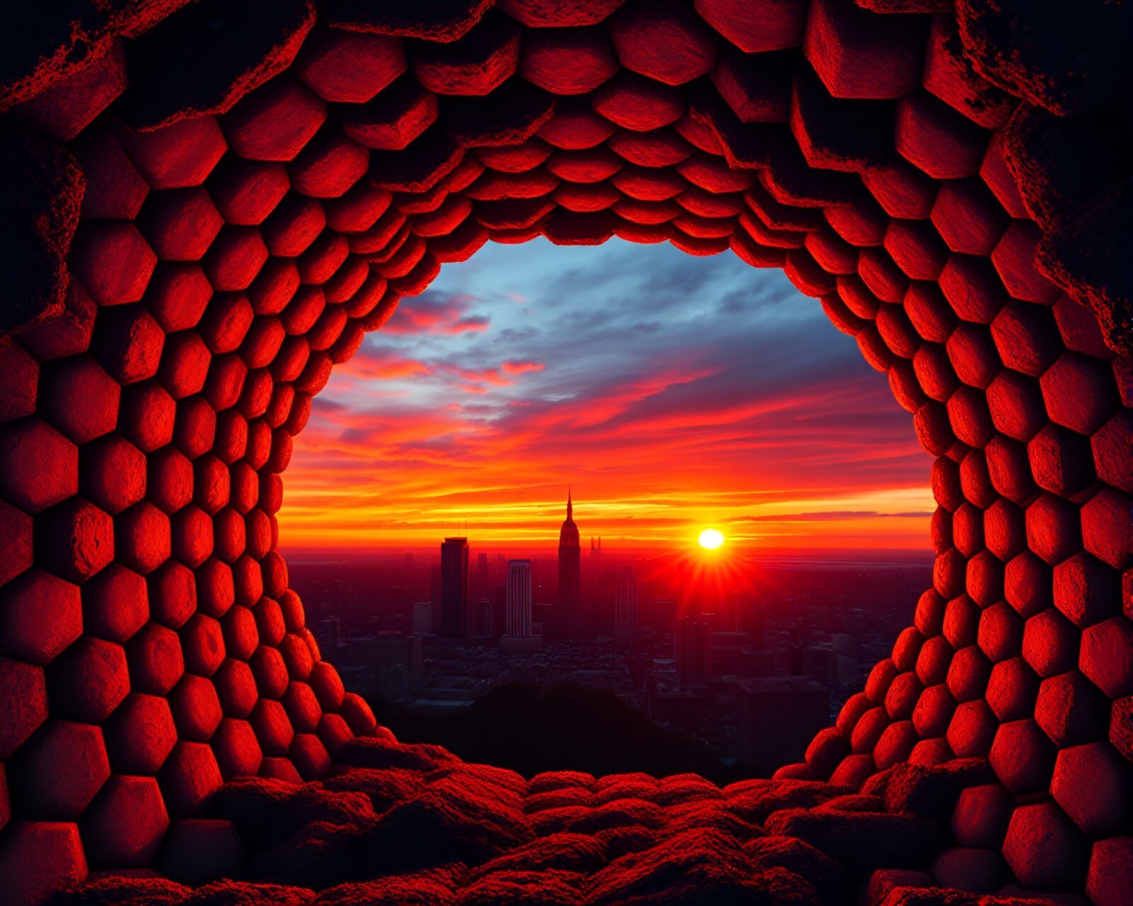 Hexagonal tiling underground bunker with fractal art and skyline sunset