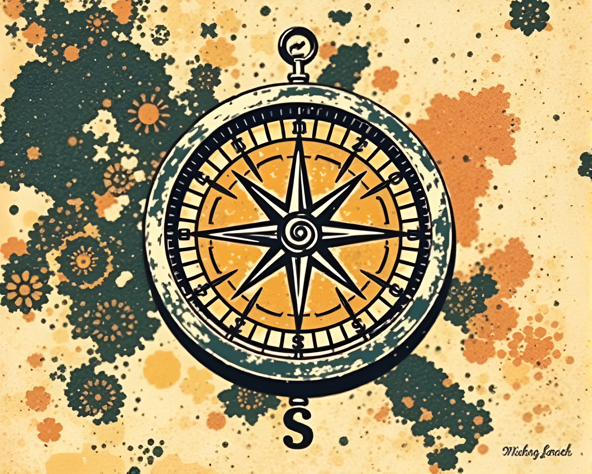 Lichen-Covered Compass in Mystical Woodcut Print – free AI stock image