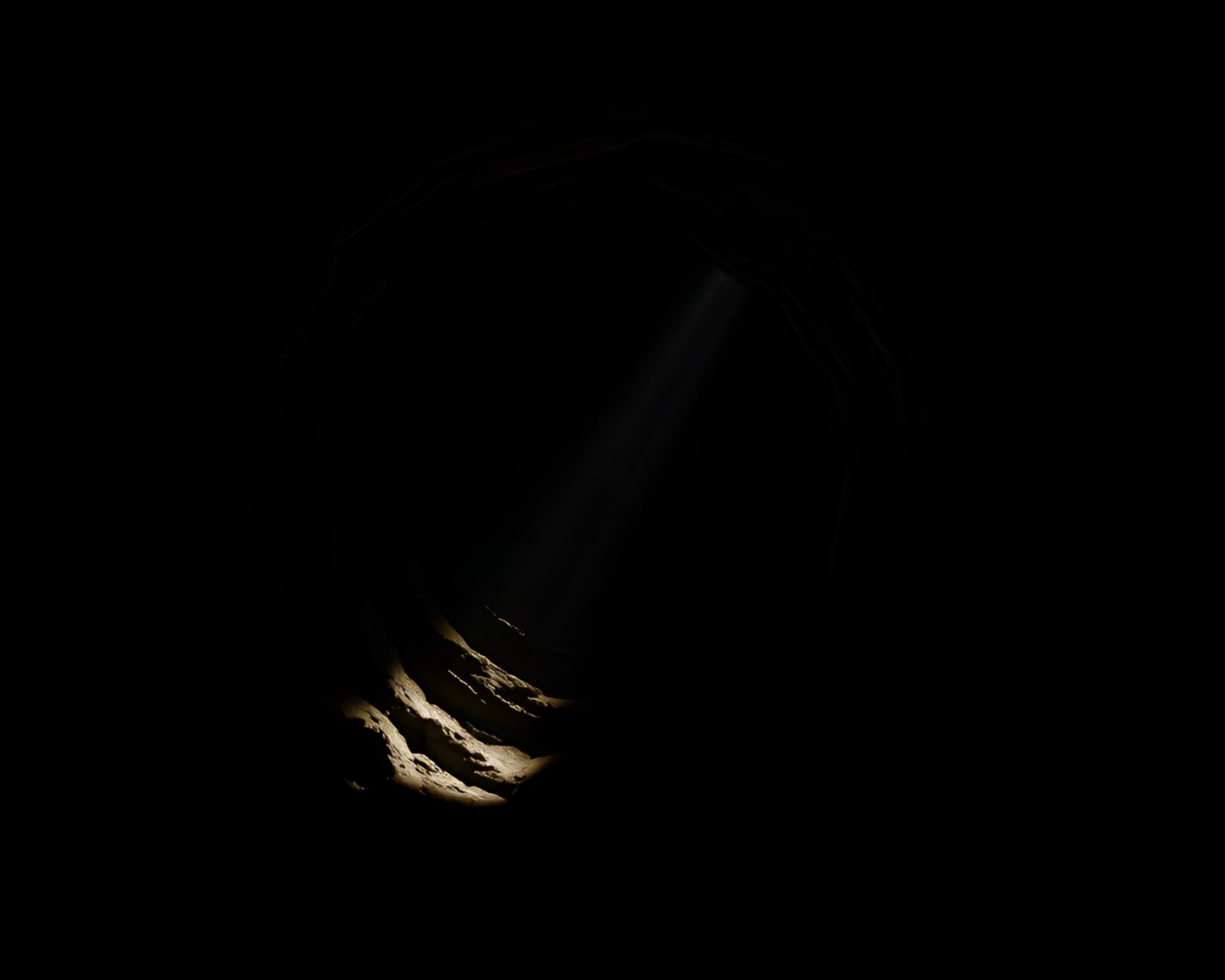 Chiaroscuro painting of warm porchlight shining in cavern with concentric circles