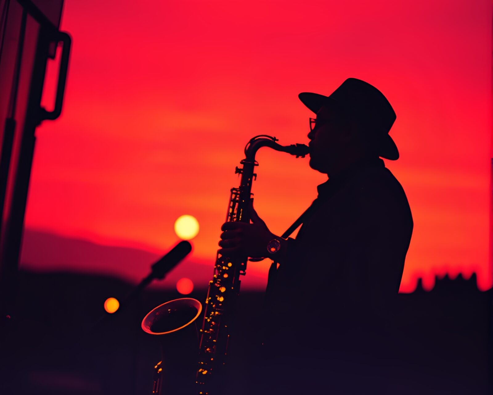 Shadowy saxophonist against dramatic sunset backdrop in noir style