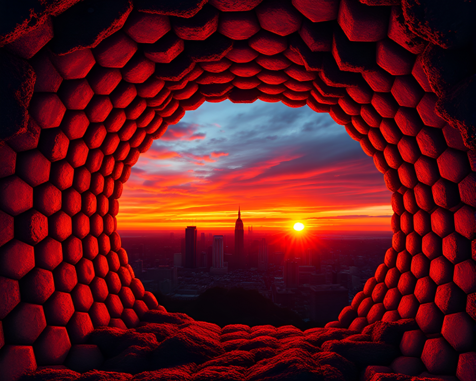 Fractal Hexagonal Bunker at Sunset – free AI stock image