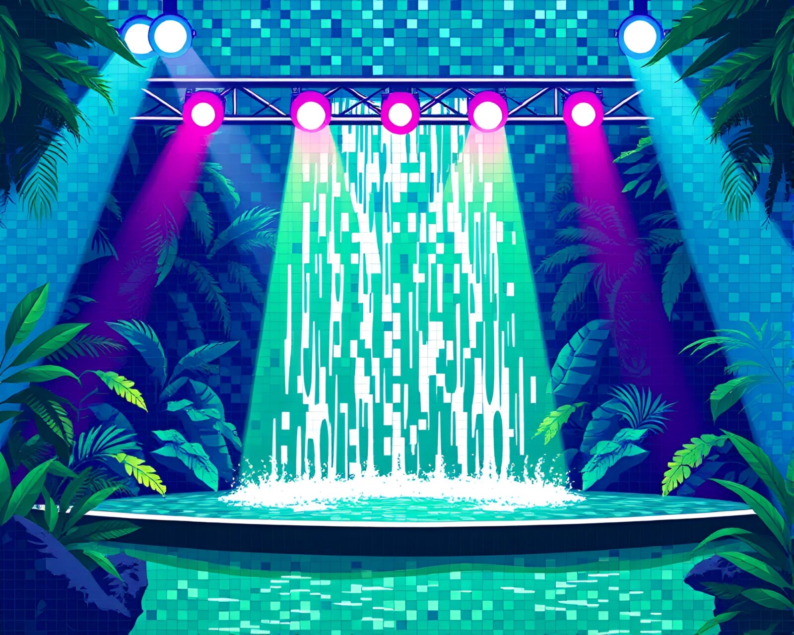 Colorful tropical waterfall mosaic tiling stage under bright lights