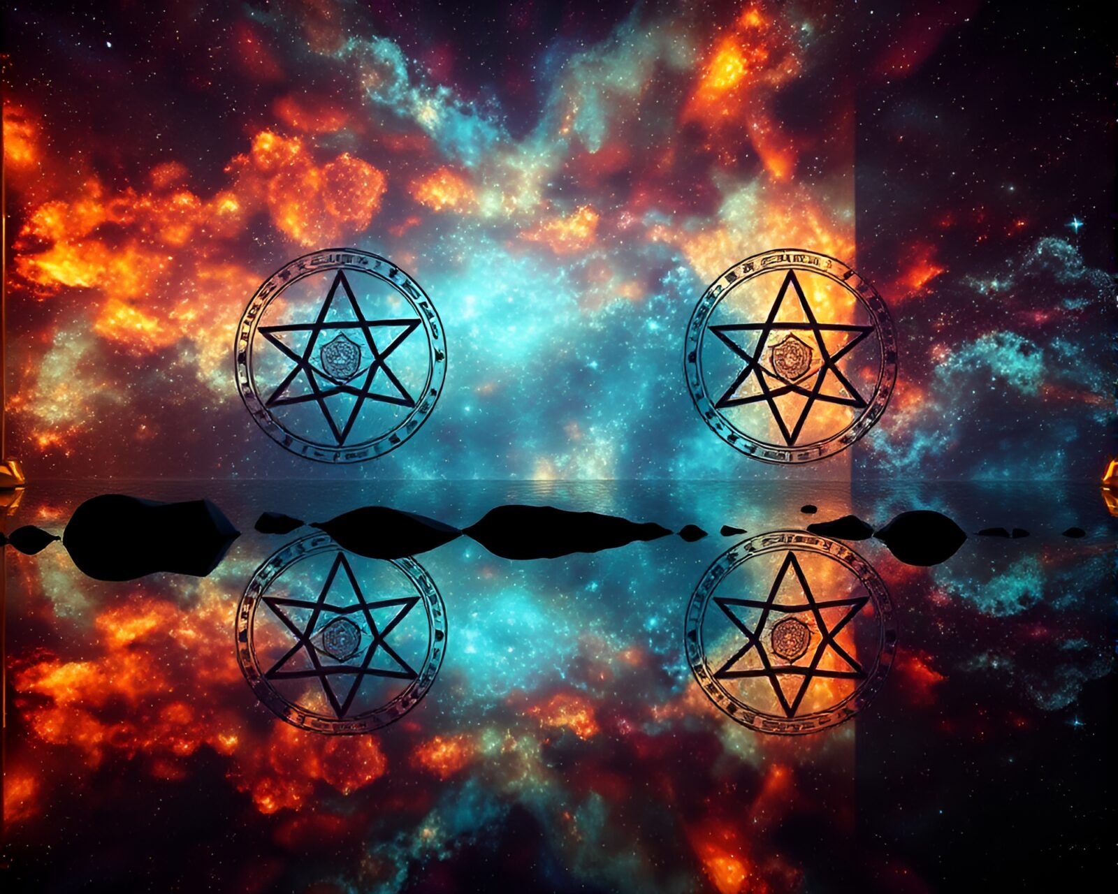 Double reflection of alchemical symbols in nebula colors