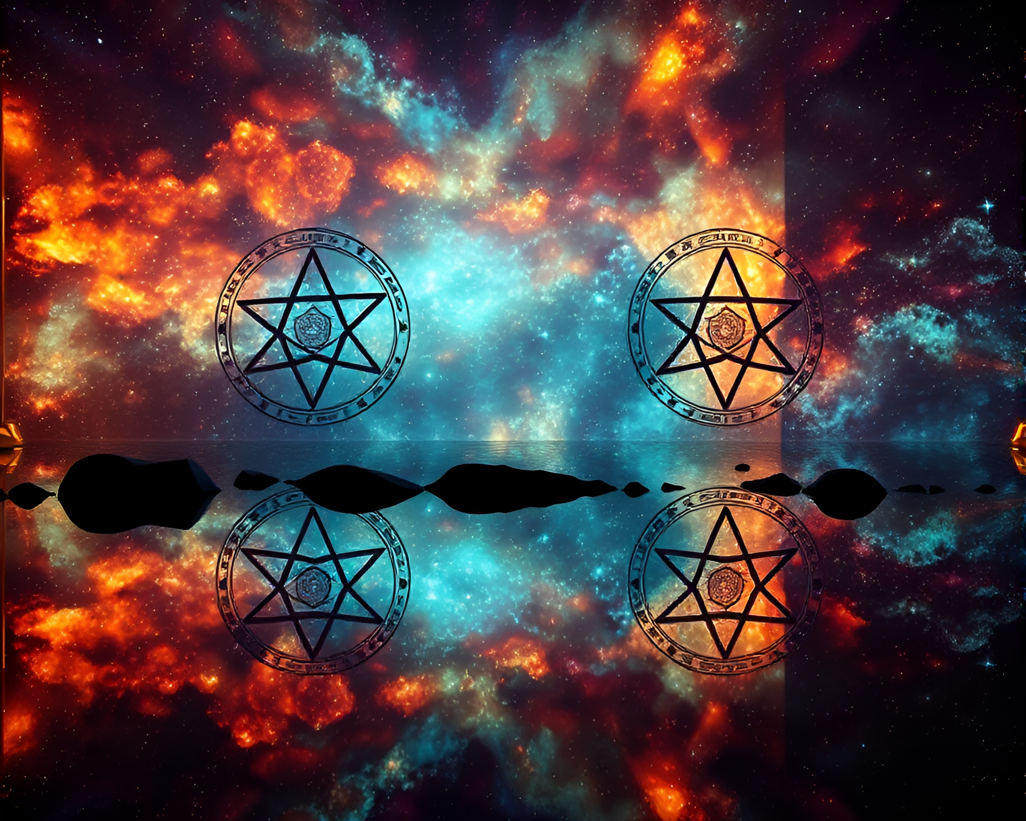 Alchemy Reflection in Cosmic Hues – free AI stock image