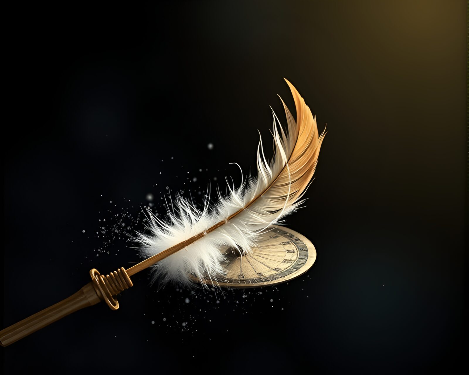 Colorful digital painting of a mystical pocket sundial being dusted with a feather
