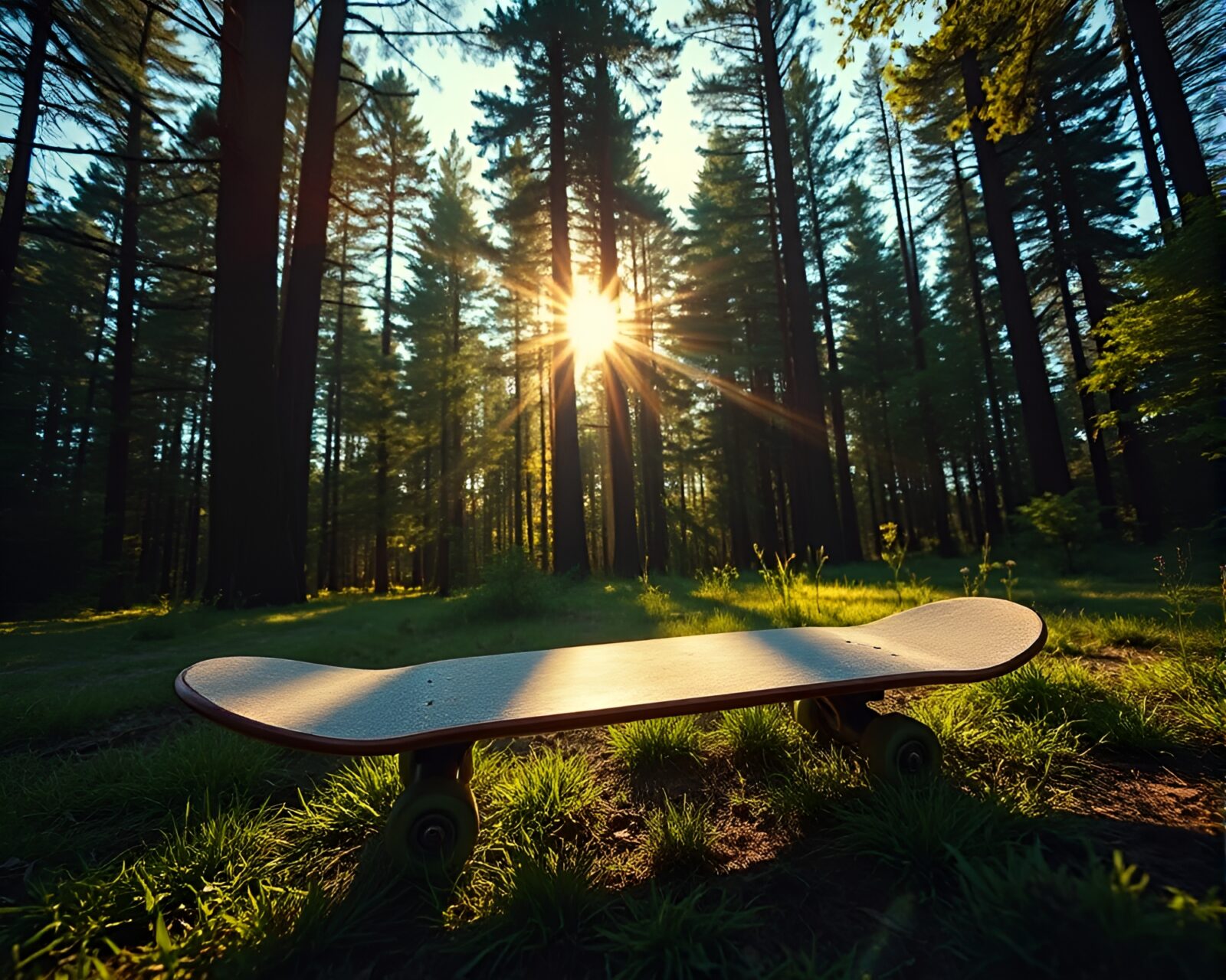 A captivating scene of a skateboarder in an enchanted forest