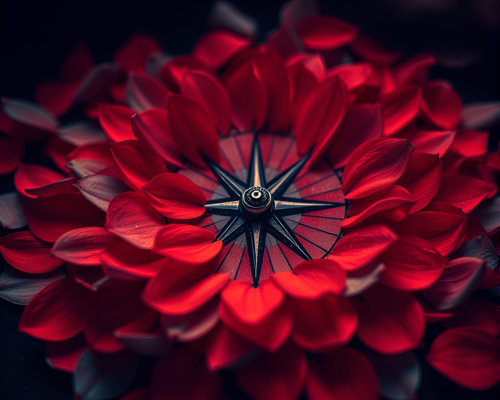Abstract collage of flower petals forming a compass design
