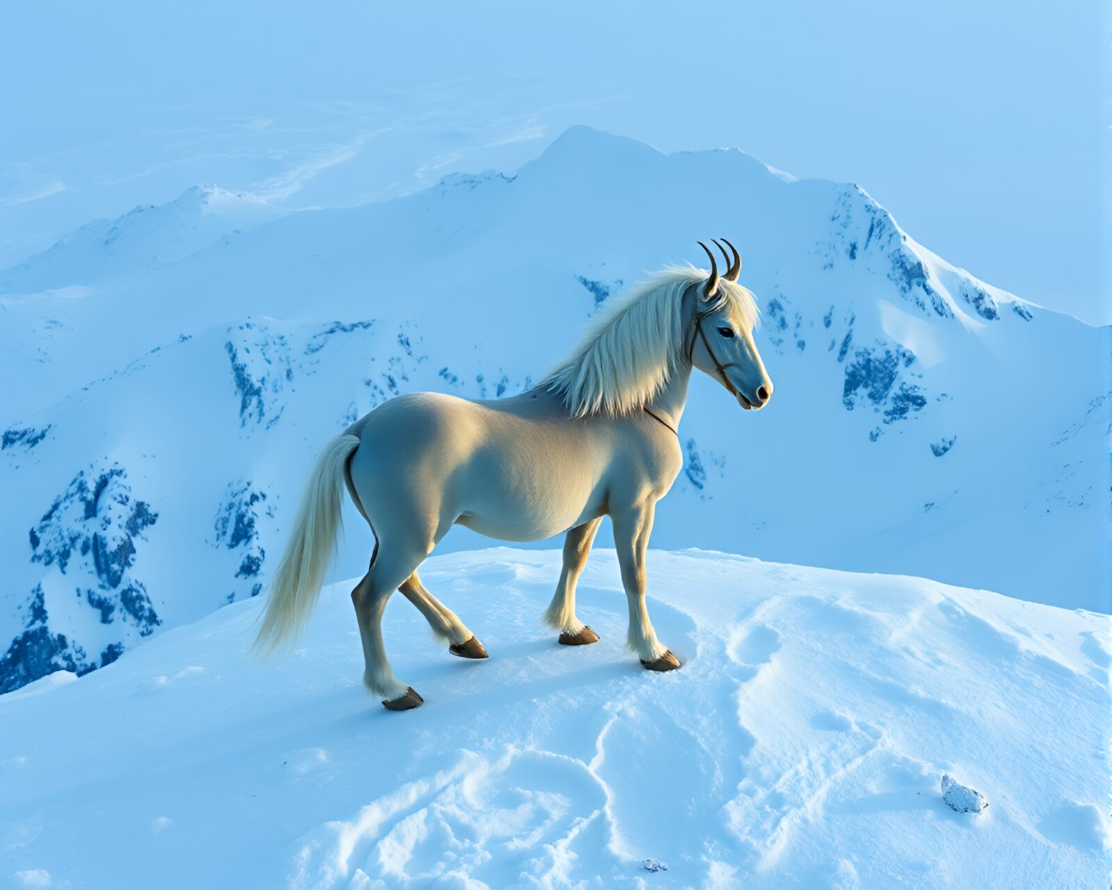 High-angle shot of a mystical centaur surrounded by swirling snow in an egg tempera style