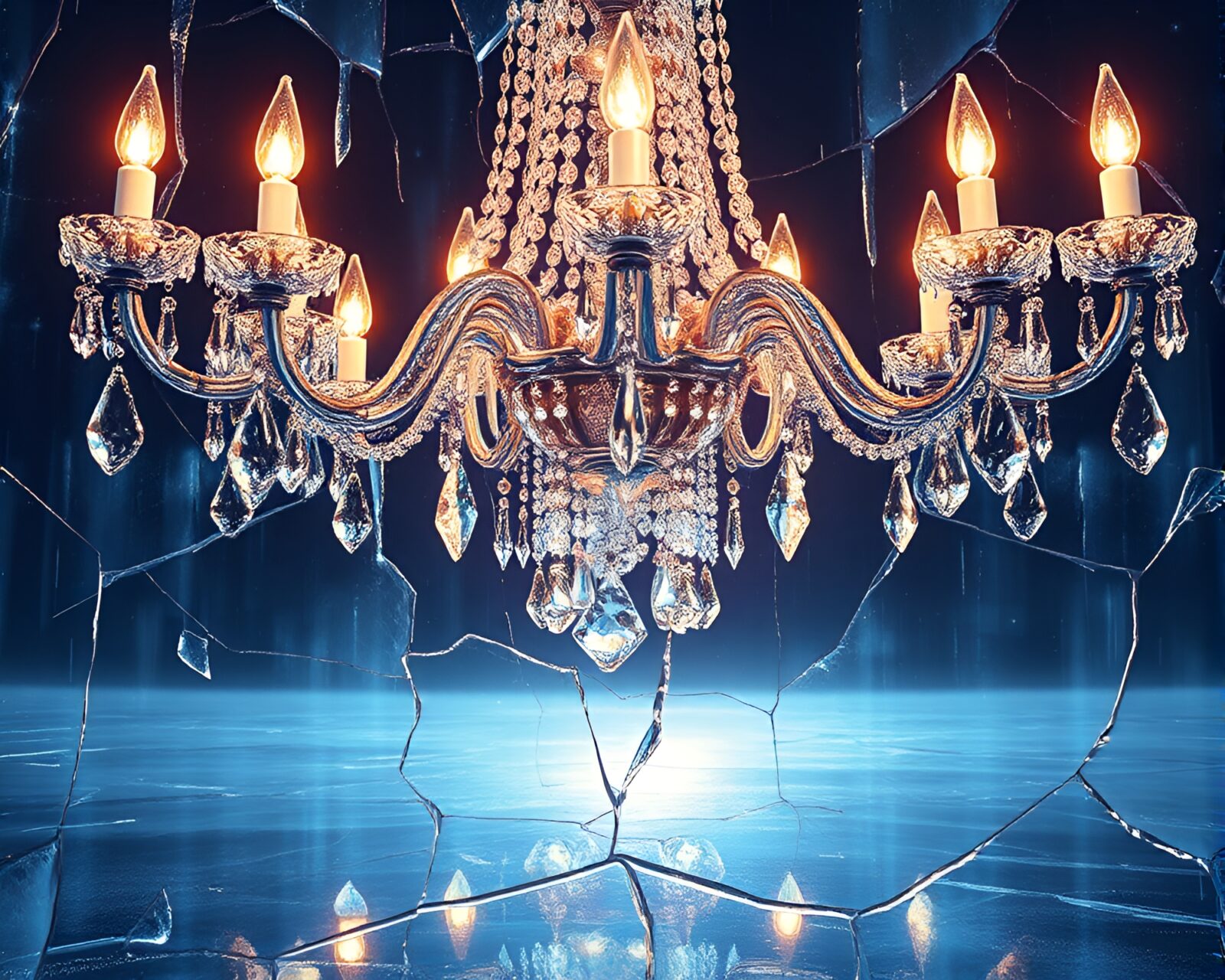 Digital painting of vibrant crystal chandelier on cracked ice
