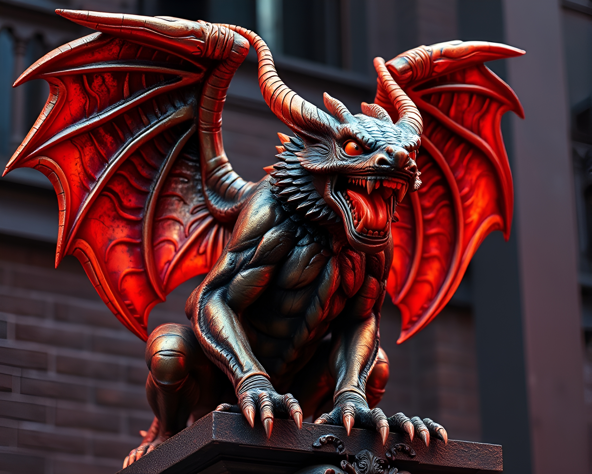 Copper-toned Gargoyle Statue Zoom Burst – free AI stock image