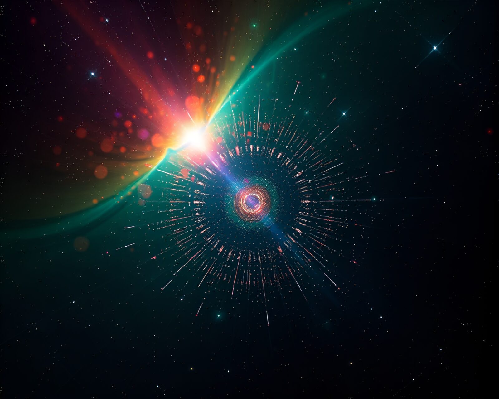 Vibrant oasis scene with colorful starburst lighting