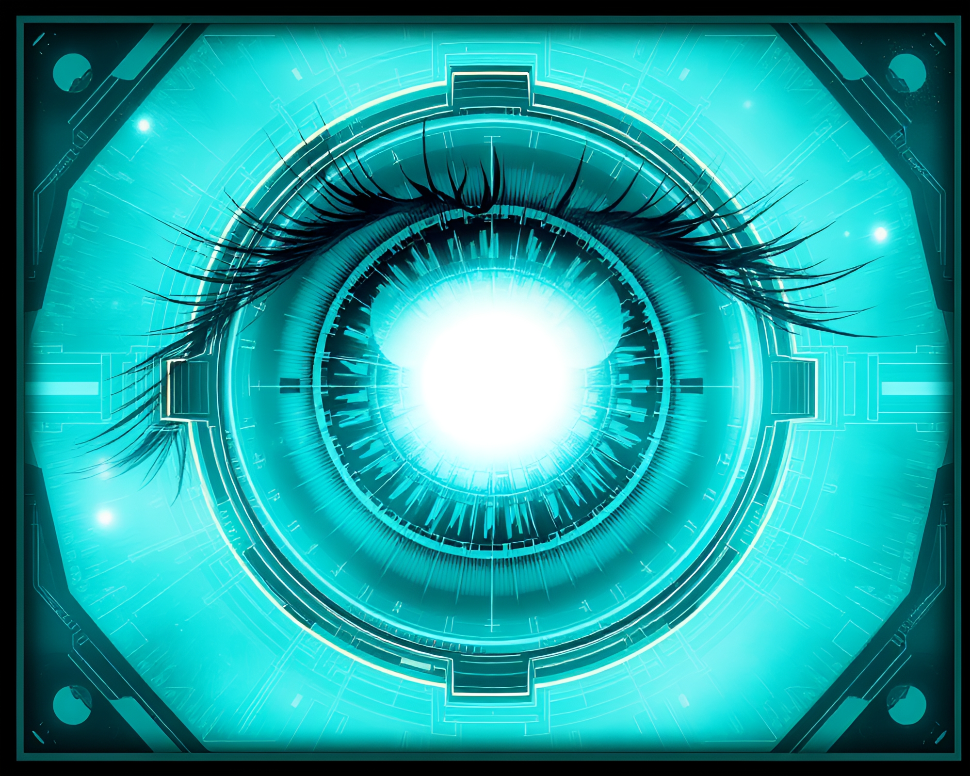 Turquoise Cybernetic Eye Framed by Nature’s Beauty – free AI stock image
