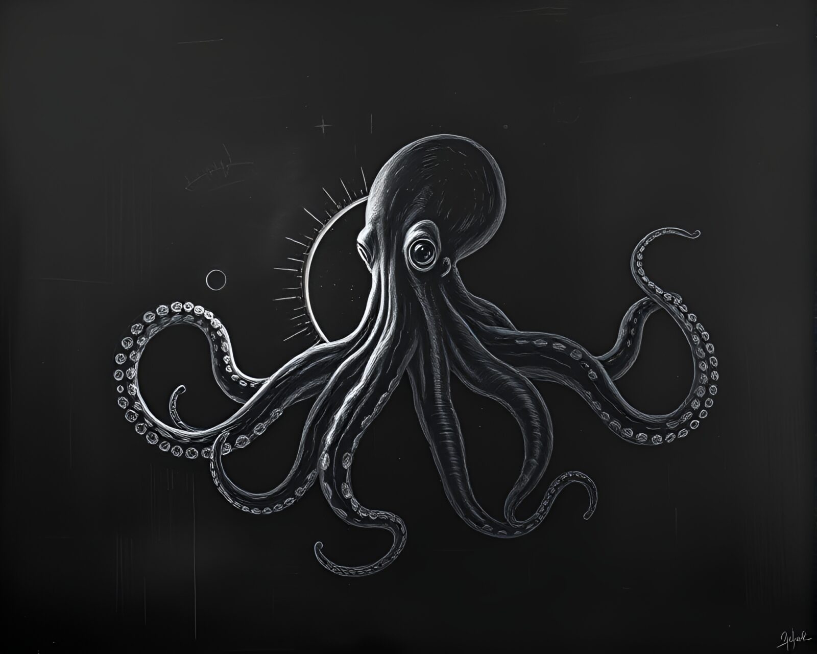 Abstract chalkboard art depicting glitched octopus eclipsed by shadow
