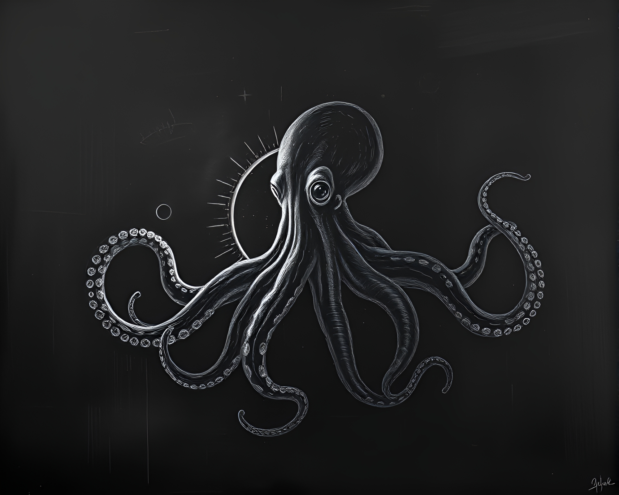Glitch Octopus Eclipse Shadow Chalkboard Drawing – free AI stock image