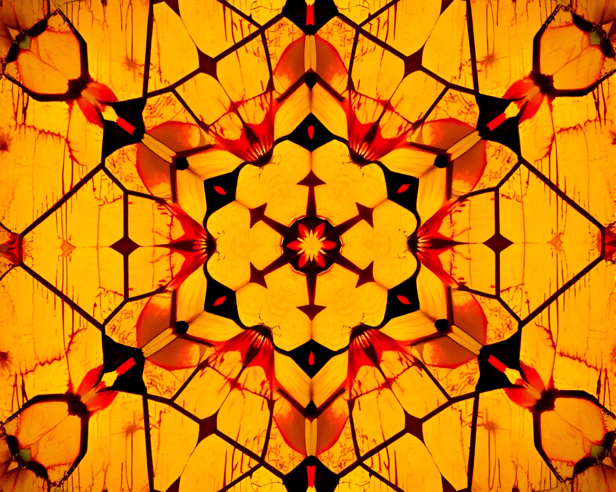 Hexagonal Kaleidoscope Sunset Dripped Paint Composition – free AI stock image