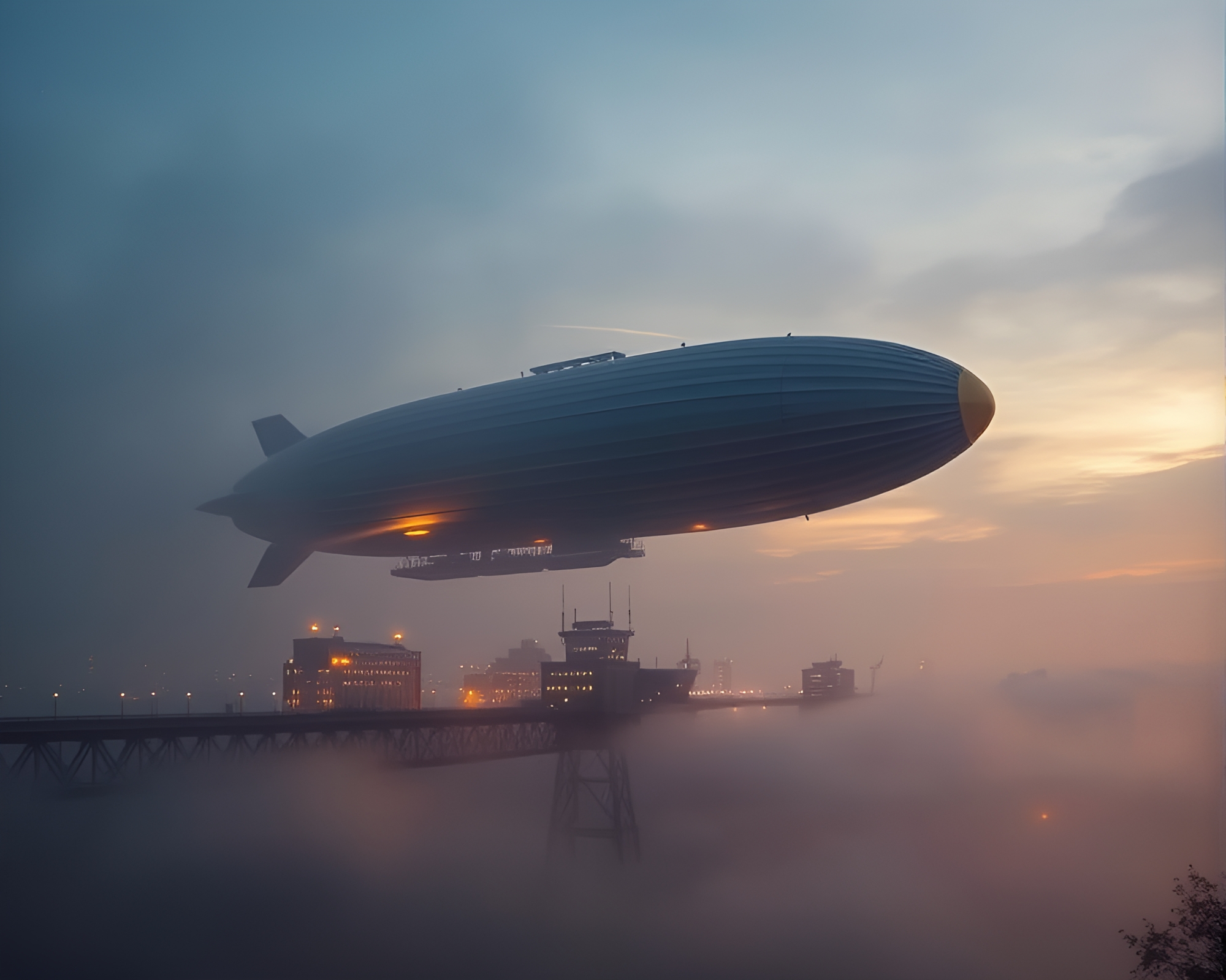 Steampunk Airship Soaring Through Golden Hour Fog Banks – free AI stock image