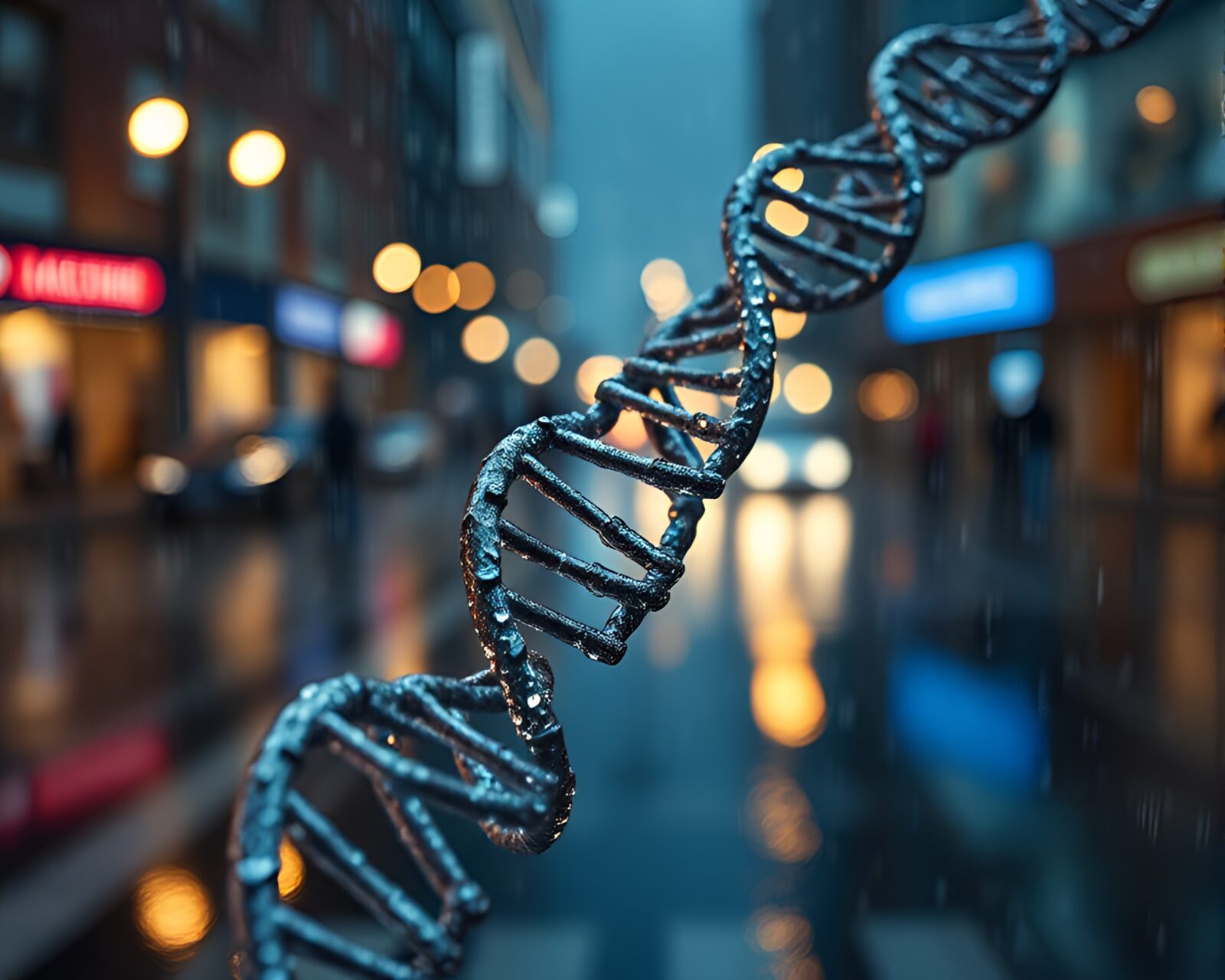 Sleek DNA helix in motion against abstract rainy background