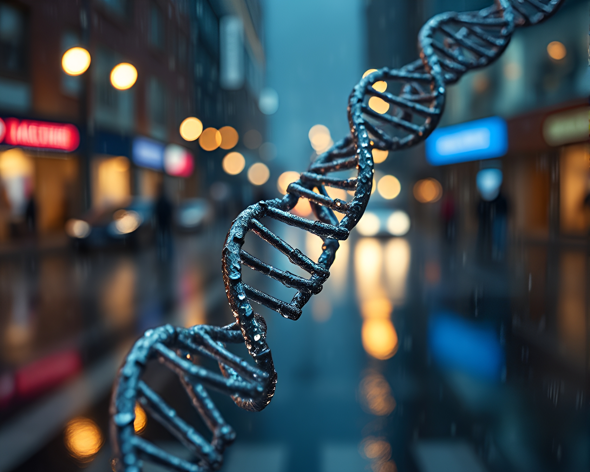 Dynamic DNA Helix in Rainy Cinemagraph Pan Blur – free AI stock image
