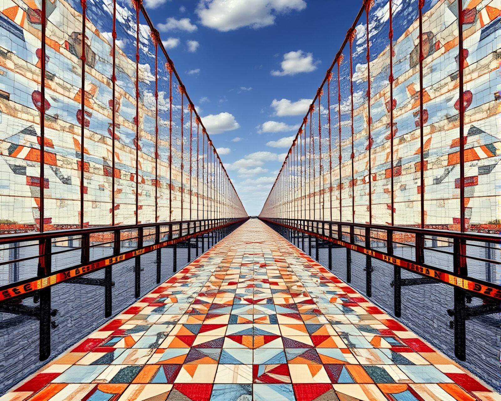 Vibrant cloth simulation mosaic of suspended bridge with kaleidoscope effect