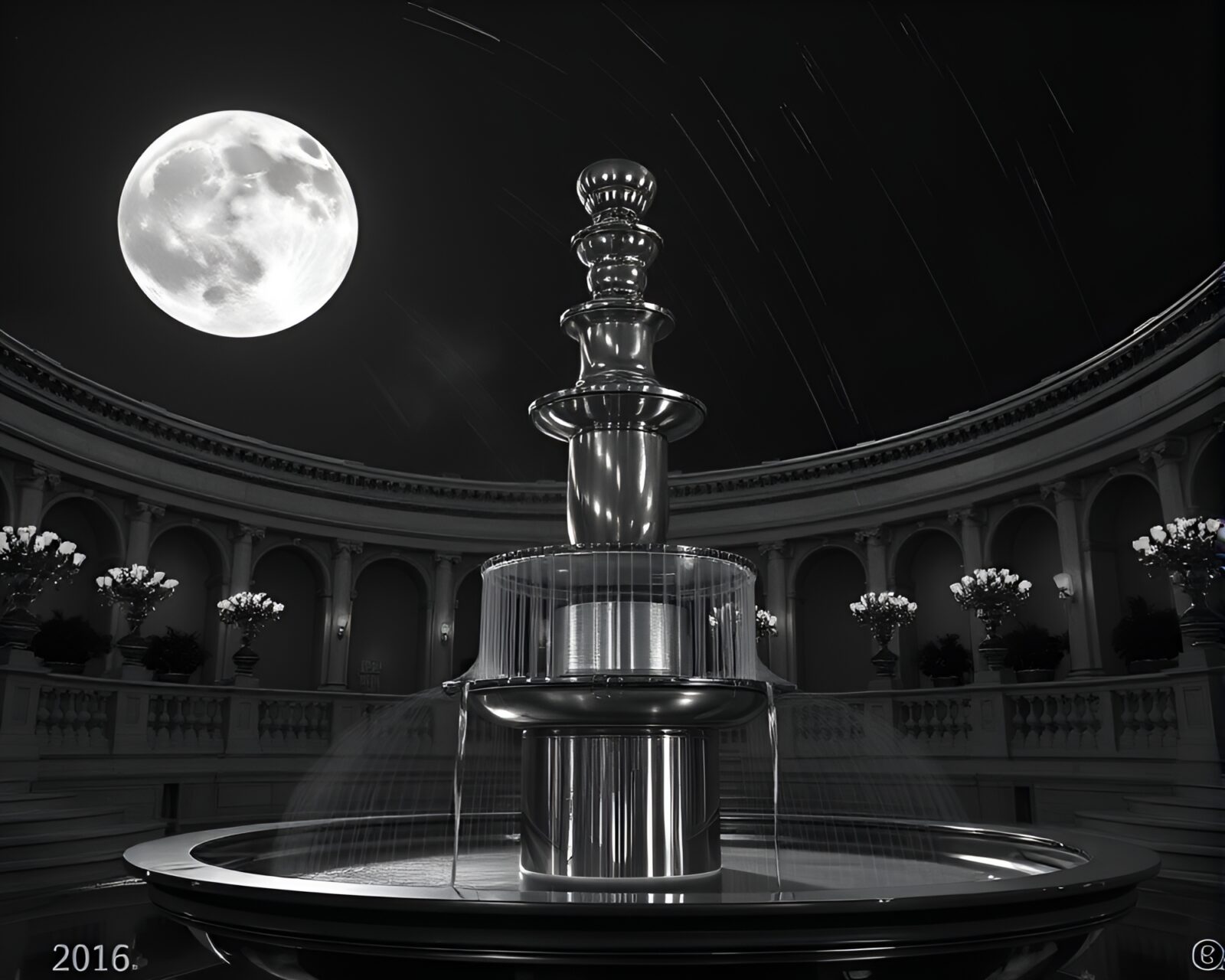 Architectural rendering of metallic scratches swirling around a chocolate fountain under a gray moonlit sky