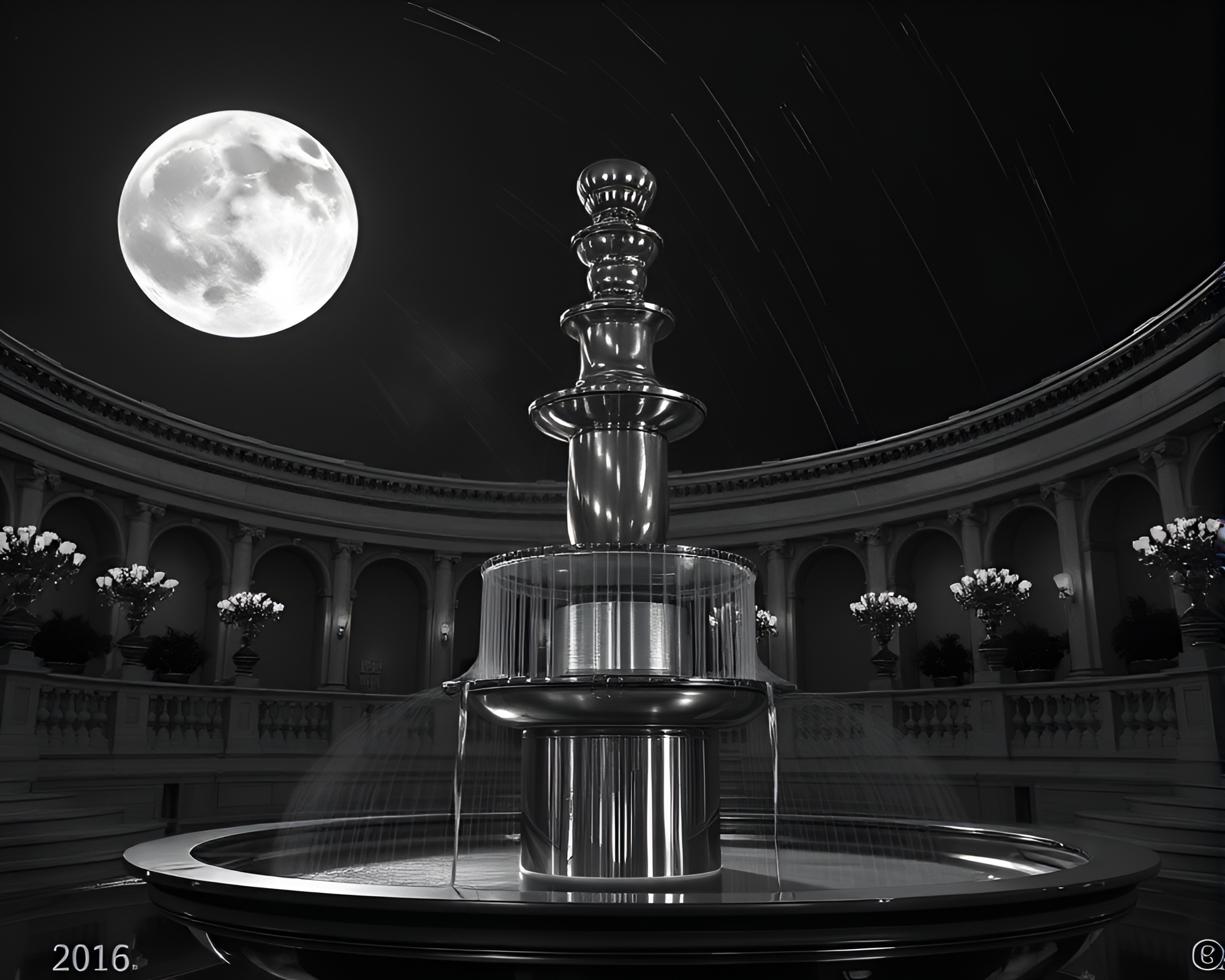 Futuristic Chocolate Fountain Illuminated by Lunar Grayscale – free AI stock image