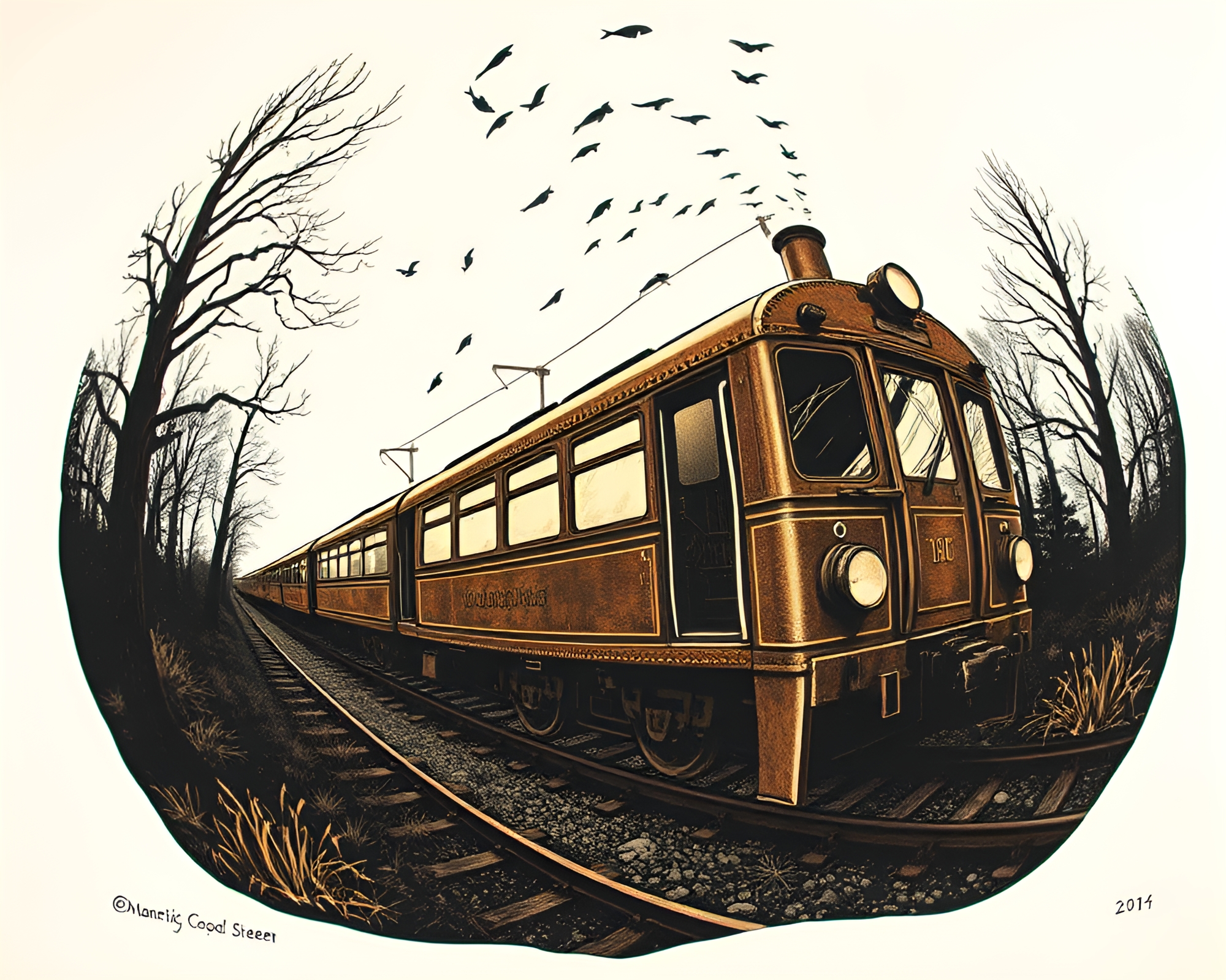 Bronze Magnetic Levitation Train in Linocut Print Style – free AI stock image