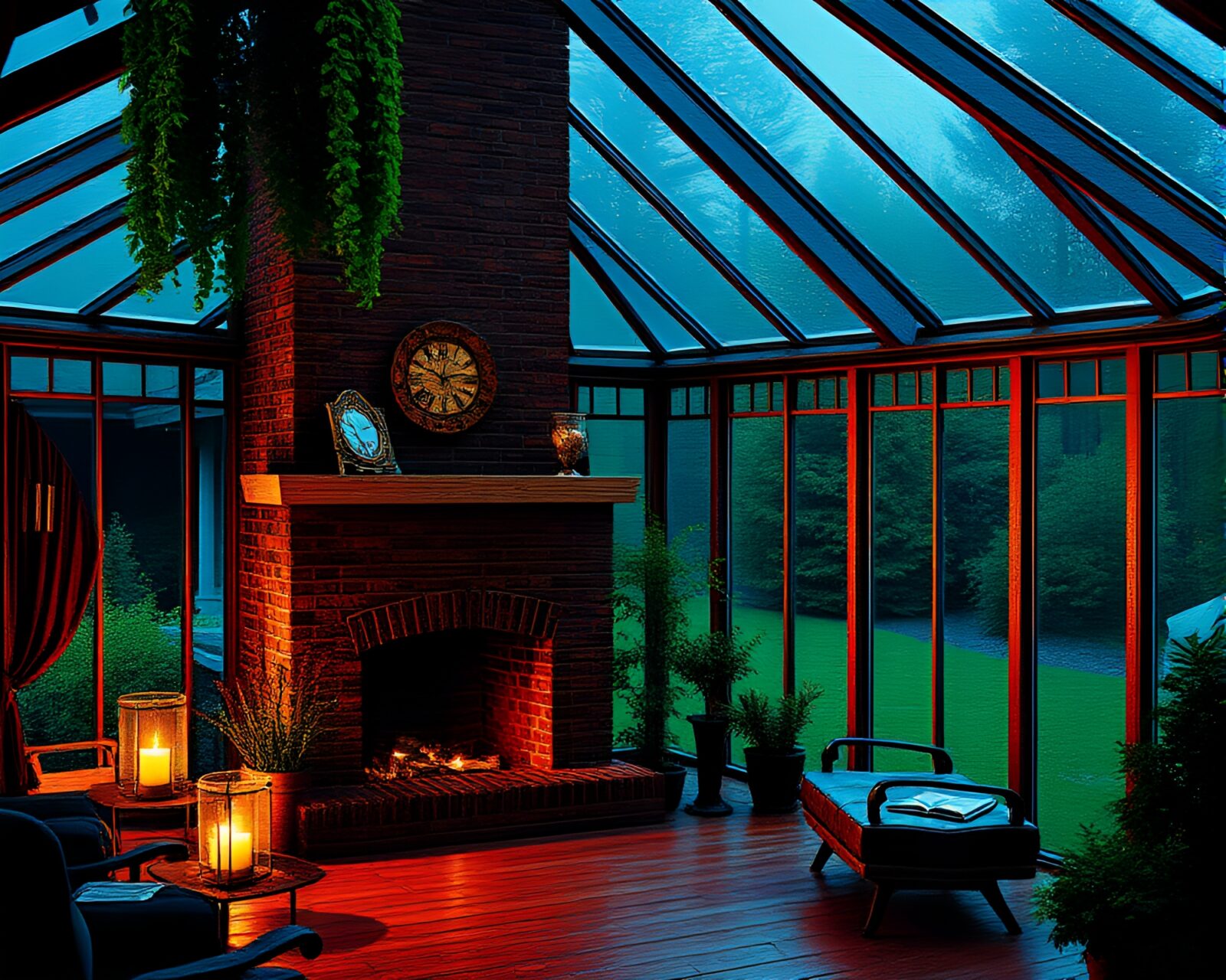 Trompe-l'oeil glass greenhouse reflecting fireplace warmth illusion
