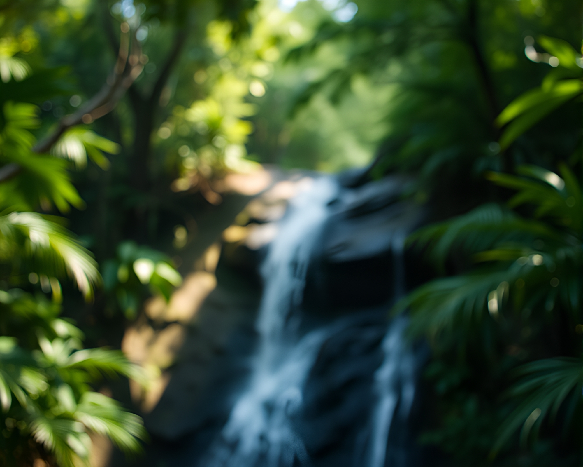 Majestic Waterfall in Jungle Canopy Bokeh Foreground – free AI stock image