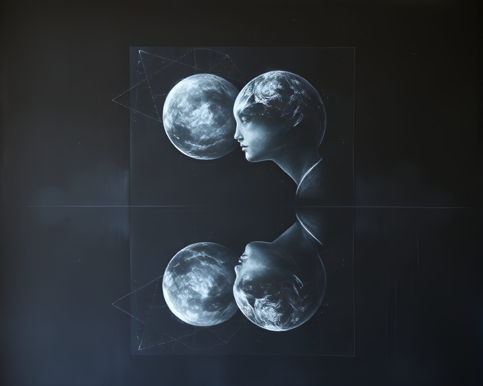 Chalkboard drawing of astral projection with grainy film