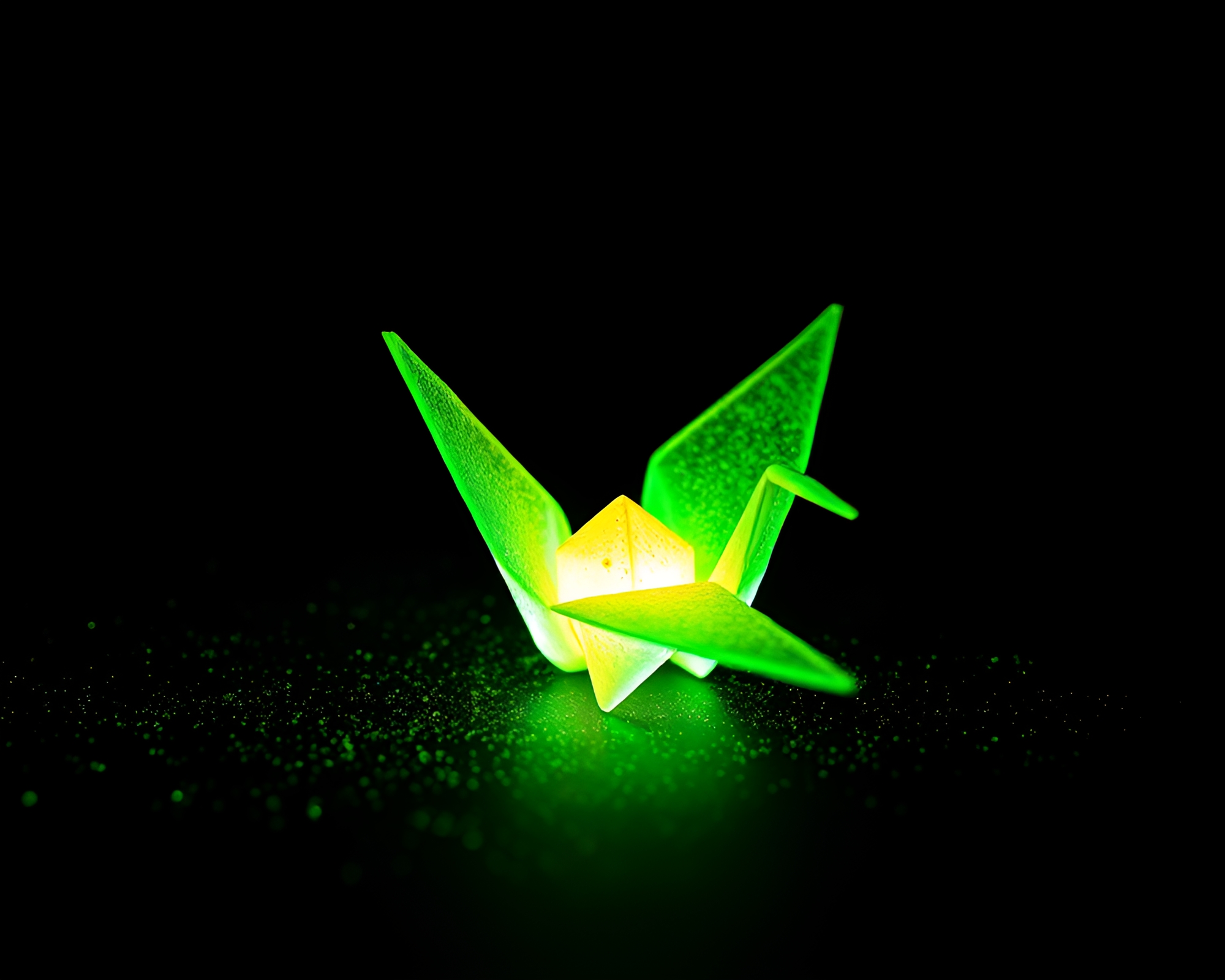 Bioluminescent Origami Crane surrounded by Dust Particles – free AI stock image