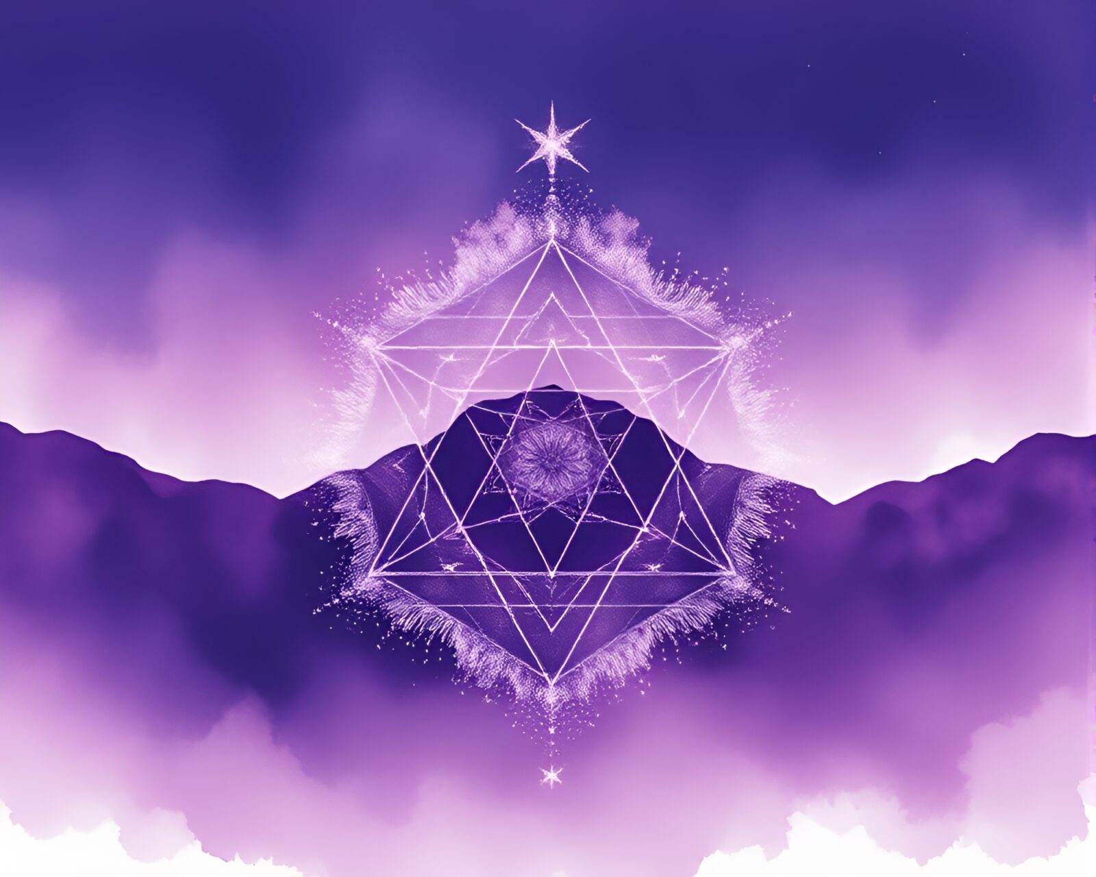 Mesmerizing twilight-purple watercolor painting of intricate sacred geometry with a dust overlay