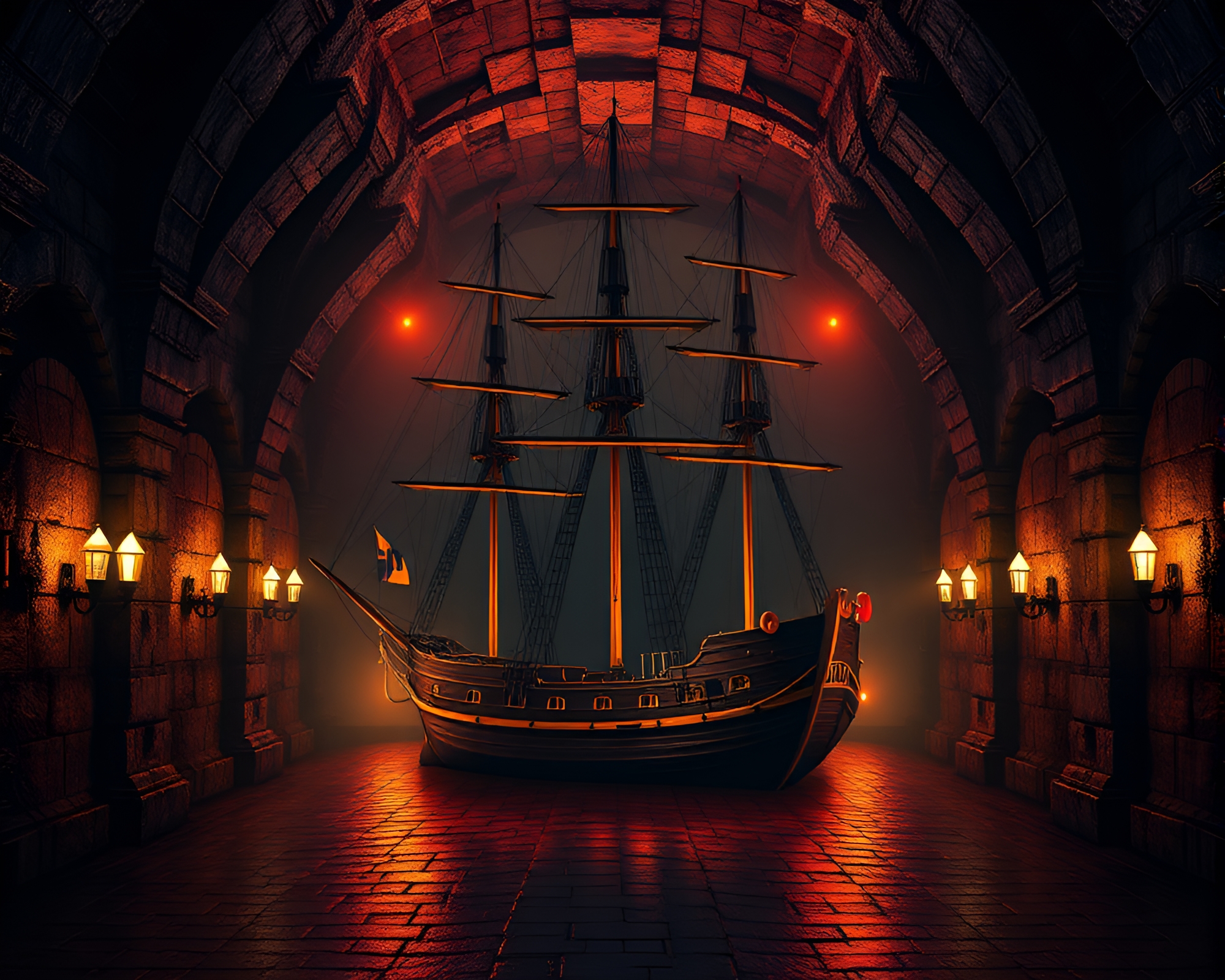 Glowing Dungeon Sailing Ship in Neon Light – free AI stock image