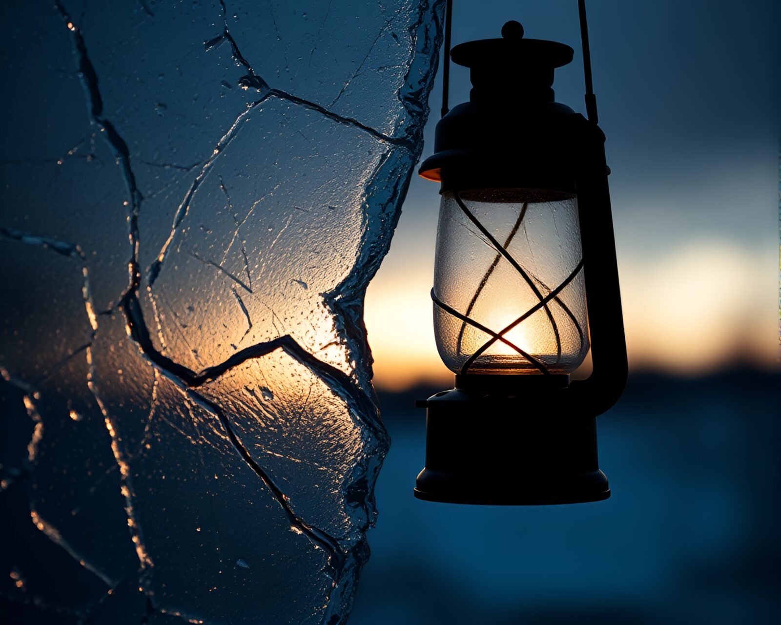 Dark, backlit ice with lantern shadow reflecting in cracks