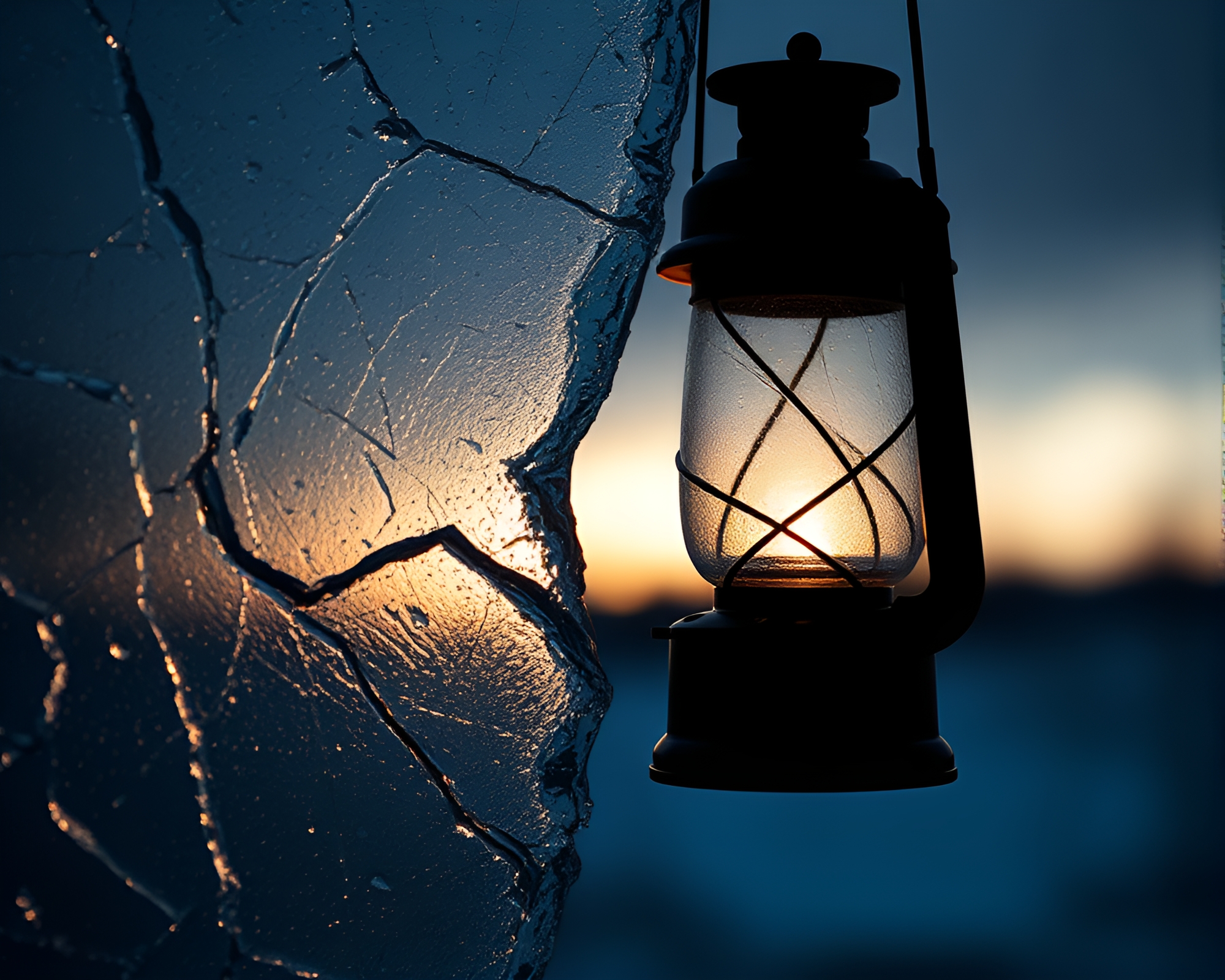 Frozen Reflection: Lantern Silhouette in Cracked Ice – free AI stock image