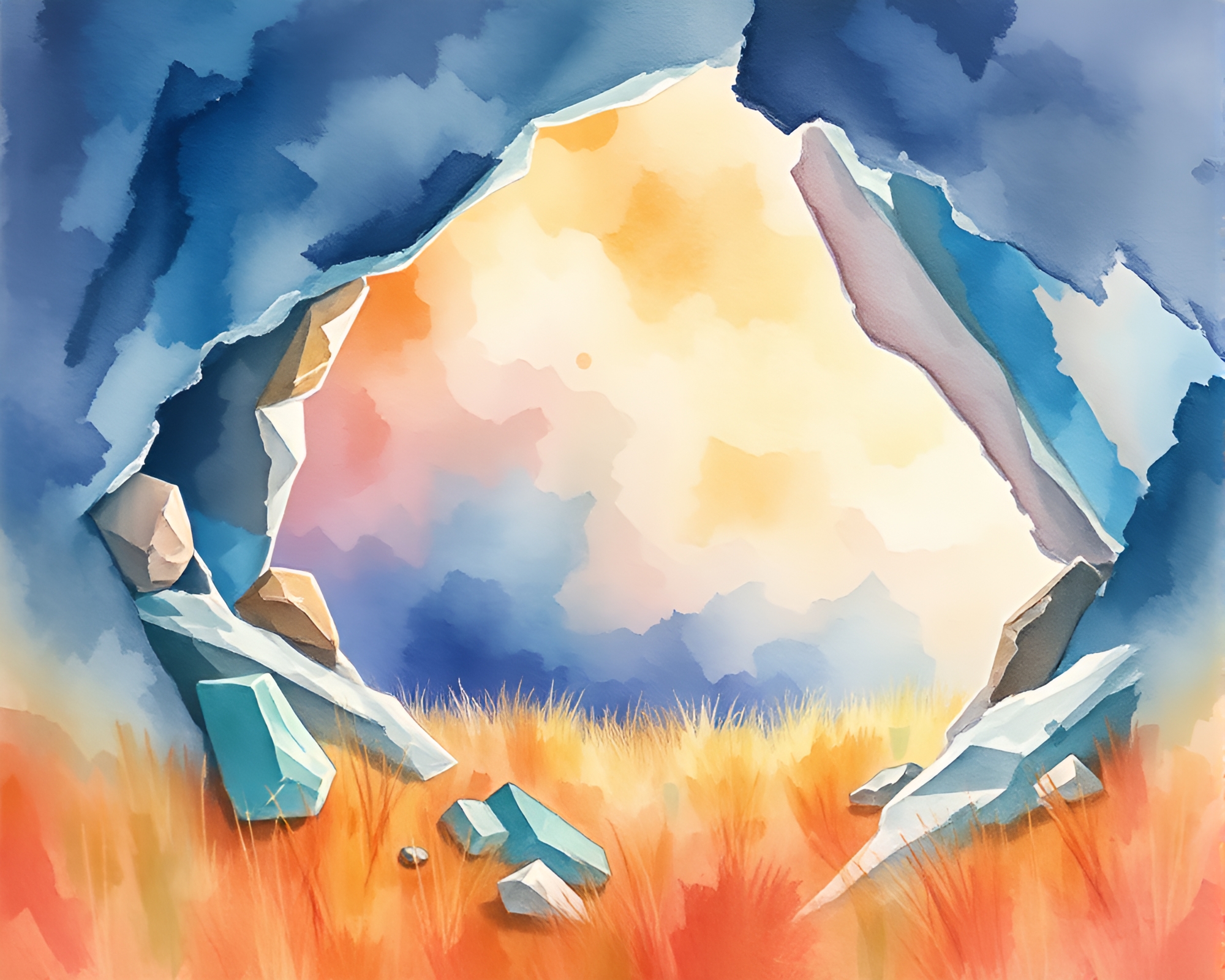 Shattered glass cavern with watercolor illumination – free AI stock image