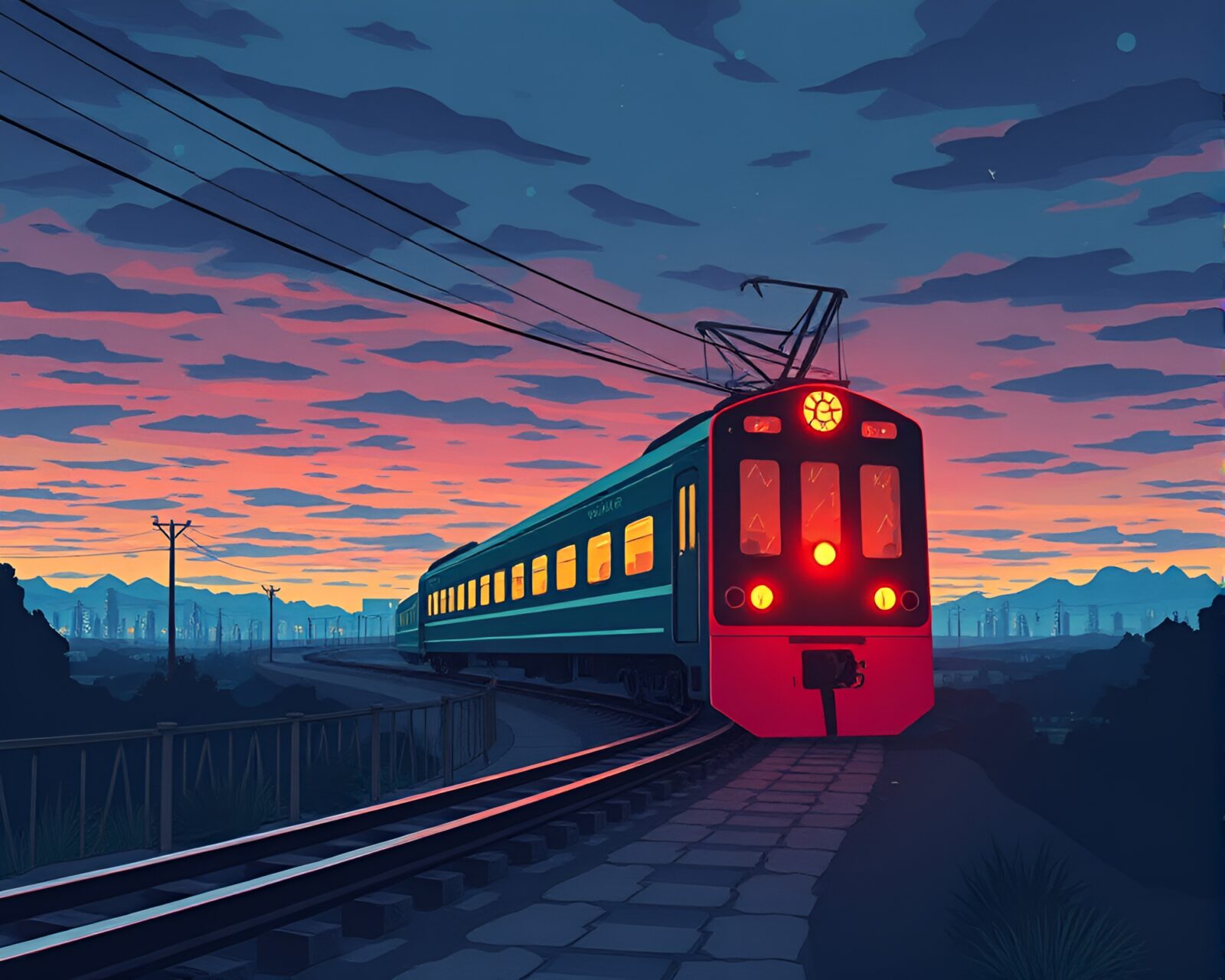 Ethereal magnetic levitation train drifting through torn paper sheets at twilight