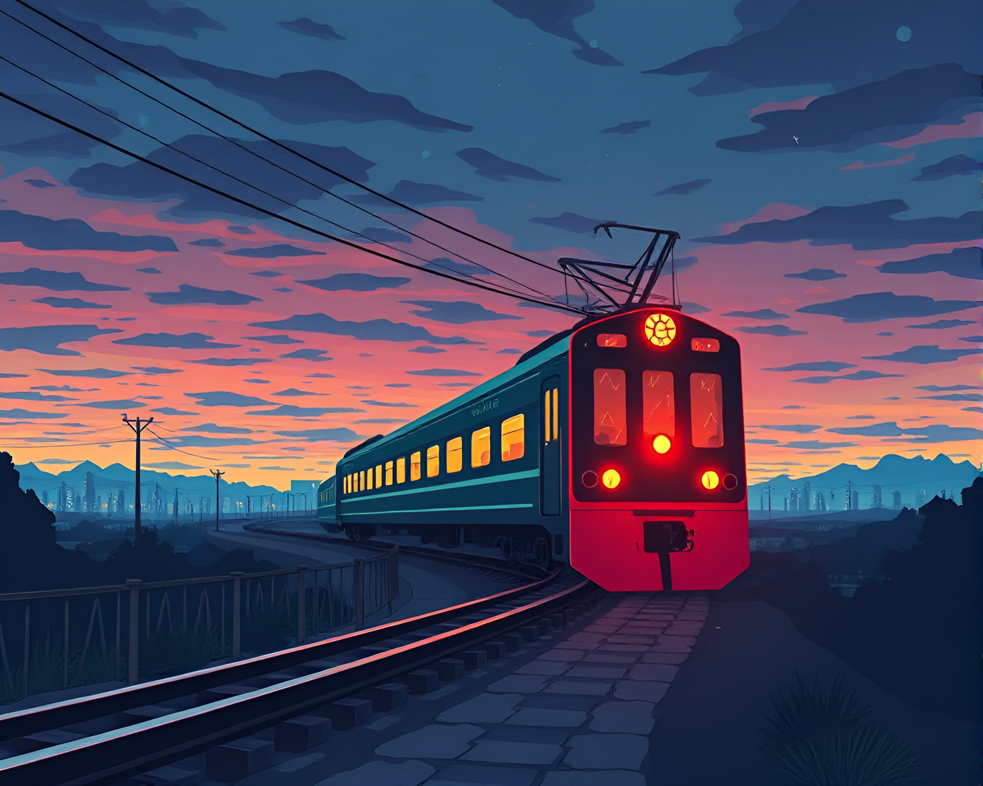 Dusk Cyberpunk Train Levitating Amid Paper Tear Compositions – free AI stock image